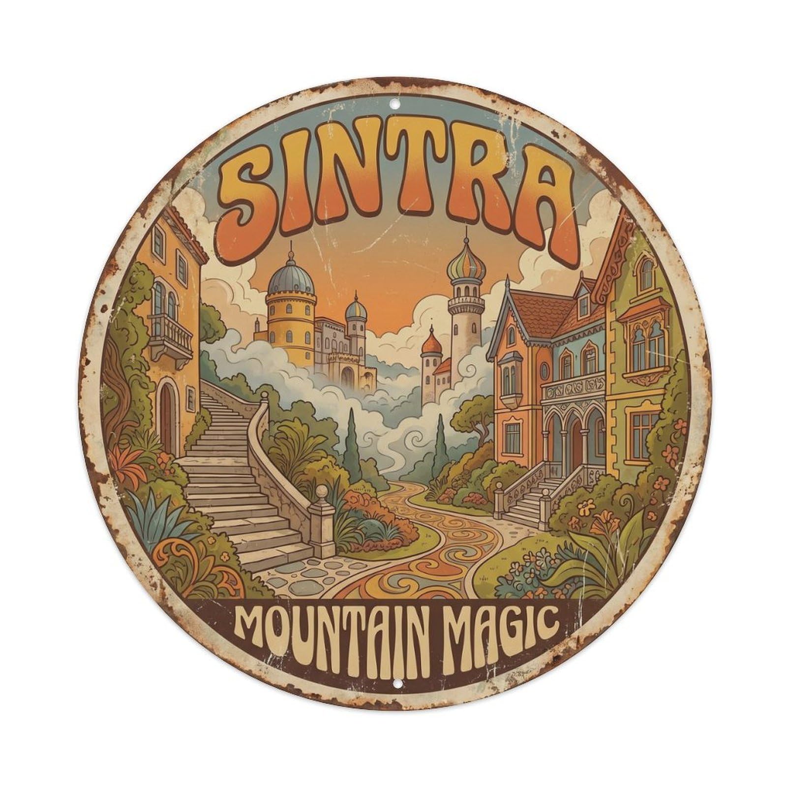 Vintage Travel Sintra Hilltown Portugal Metal Tin Sign Plaque Wall Decor for Cafe, Club, Garden Round Metal Poster 8x8Inch