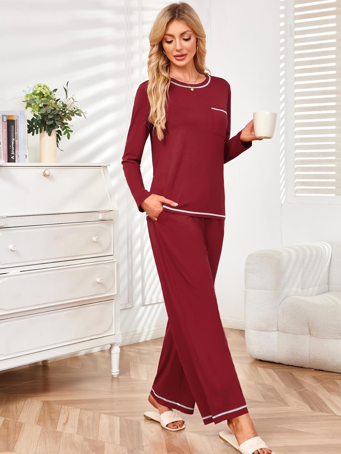 Besshopie Womens Pajamas Sets 2 Piece PJS Crewneck Long Sleeve Sleepwear Comfy Pants Lounge Set with Pockets - Image 3