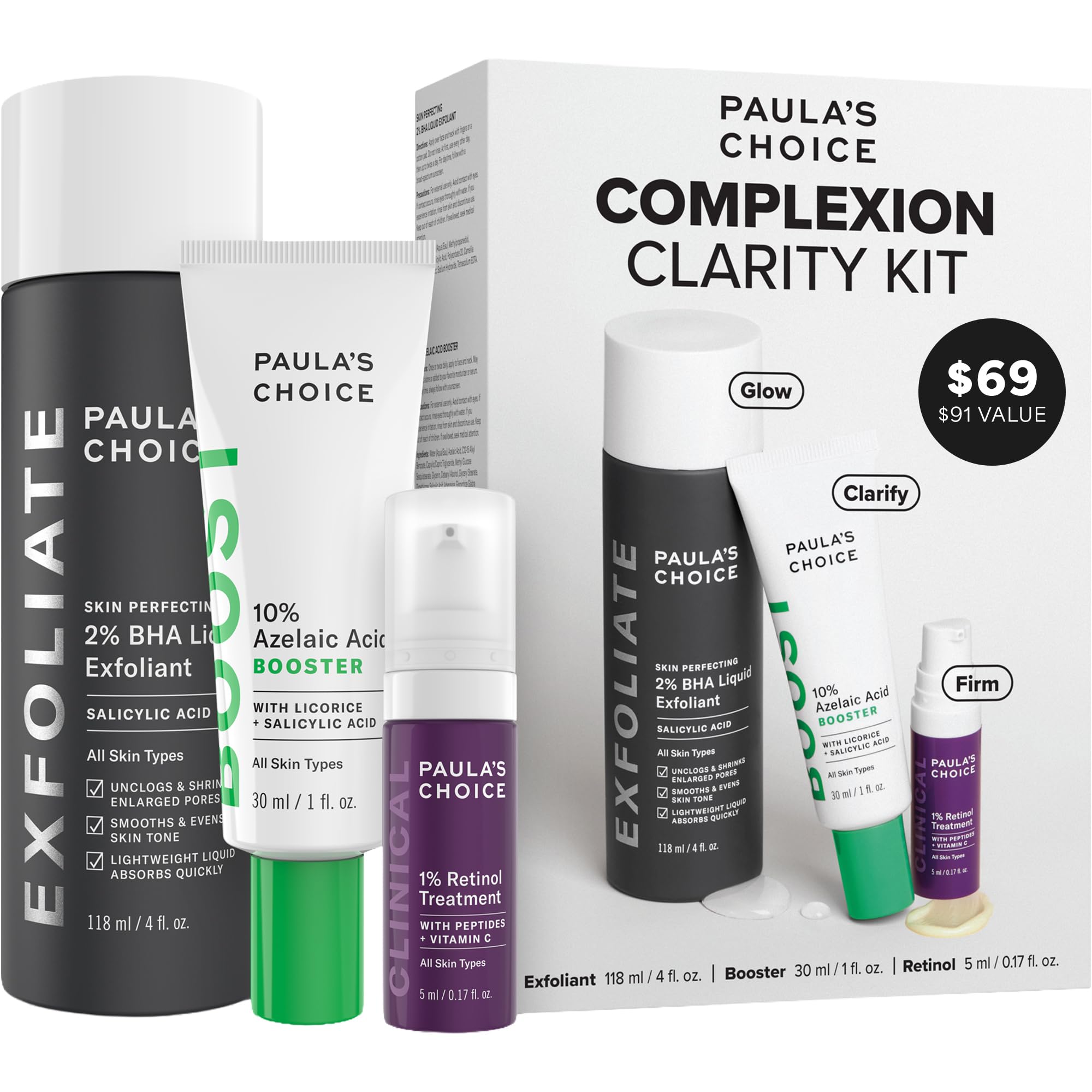 Paula's Choice Complexion Clarity Kit, 3 Piece Set Includes Full-Sized 2% BHA Exfoliant, 1% Retinol Treatment, Full-Sized 10% Azelaic Acid Booster, Skin Care Set for Clear, Glowing Skin