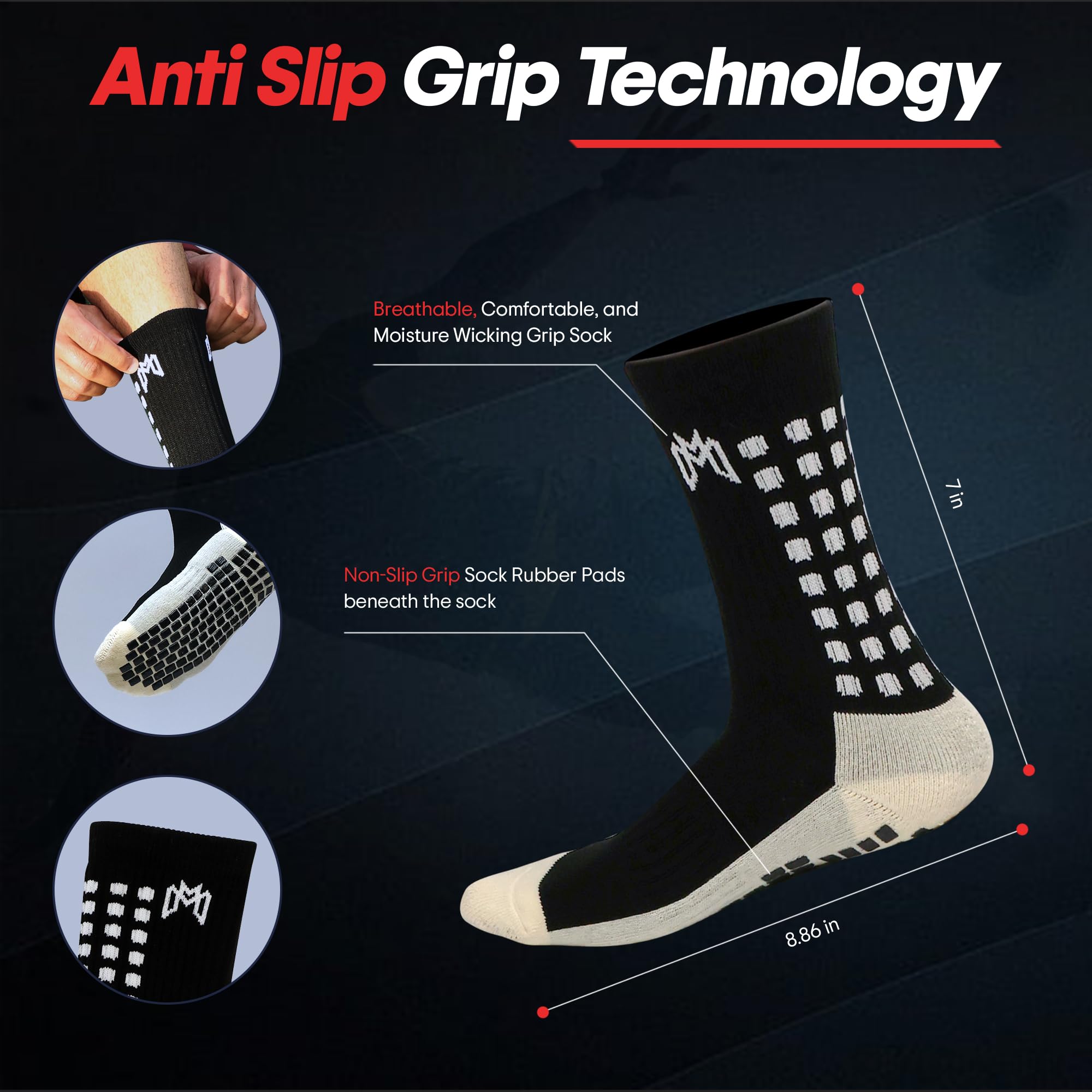 MediCaptain Paquete de calcetines de agarre de fútbol, espinilleras, mangas precortadas y correas de protección, equipo esencial para jugadores de fútbol, para hombres, mujeres, jóvenes, talla 7 a 12