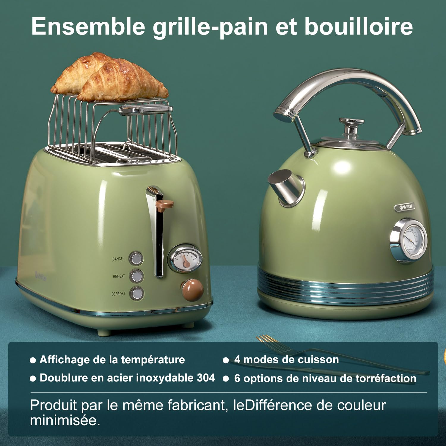 Wiltal Ensemble de bouilloire grille-pain, bouilloire en acier inoxydable, 2200 W, chauffage rapide, grille-pain avec grille réchauffe-viennoiseries pour chauffer tous les types de pain, vert rétro