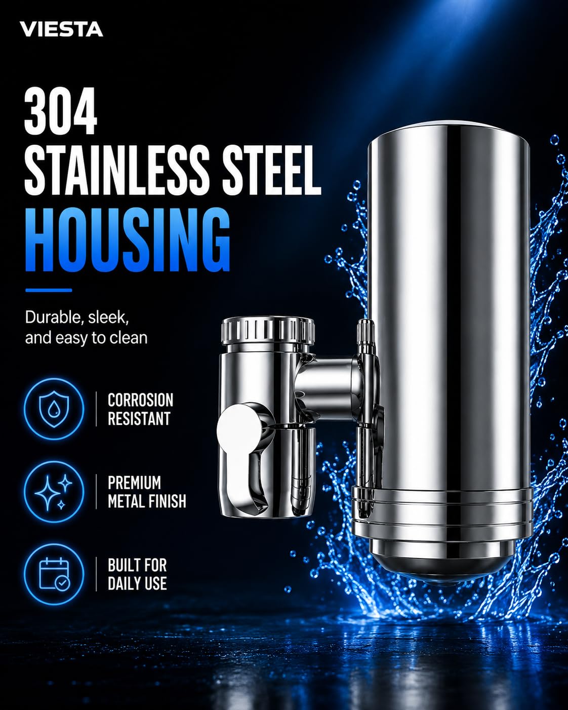 VIESTA® WF100 filtro de grifo acero inox 304, triple 0,01 µm, hasta 2.400 L | CERÁMICA + CARBÓN ACTIVO + MEMBRANA UF: reduce sedimentos, partículas, óxido, turbidez, cloro, microplásticos y microbios