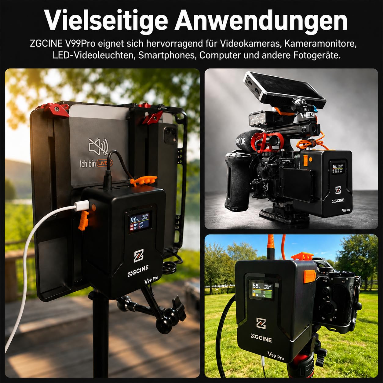 ZGCINE V Mount Akku V99Pro, PD100W Schnellladung,6400mAh 94.72Wh 14.8V Mini V-Mount Akku,mit D-Tap/Zwei USB-C/BP/Zwei DC-Anschlüssen/OLED-Display,für Kamera,Camcorder,Smartphone,Monitor,Videoleuchte