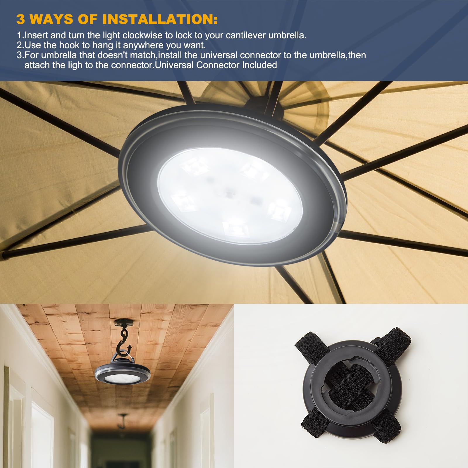 Lampe de parasol rechargeable avec télécommande, fonctionne à piles, avec 3 luminosités, lumière LED d'extérieur pour parapluies déportés, tentes, noir
