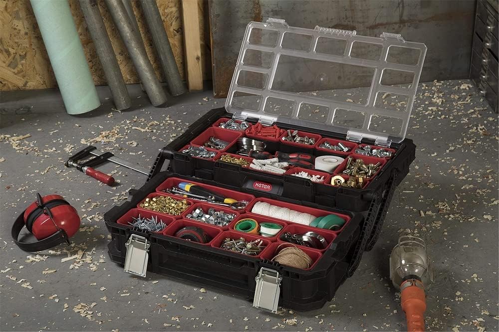 KETER - Cantilever Connect - Toolbox - Large 2 tier Tool Box to Store Your Tools - 2 leg support - 11 Removable Compartments - Metal Latches, Plastic Case - Grey