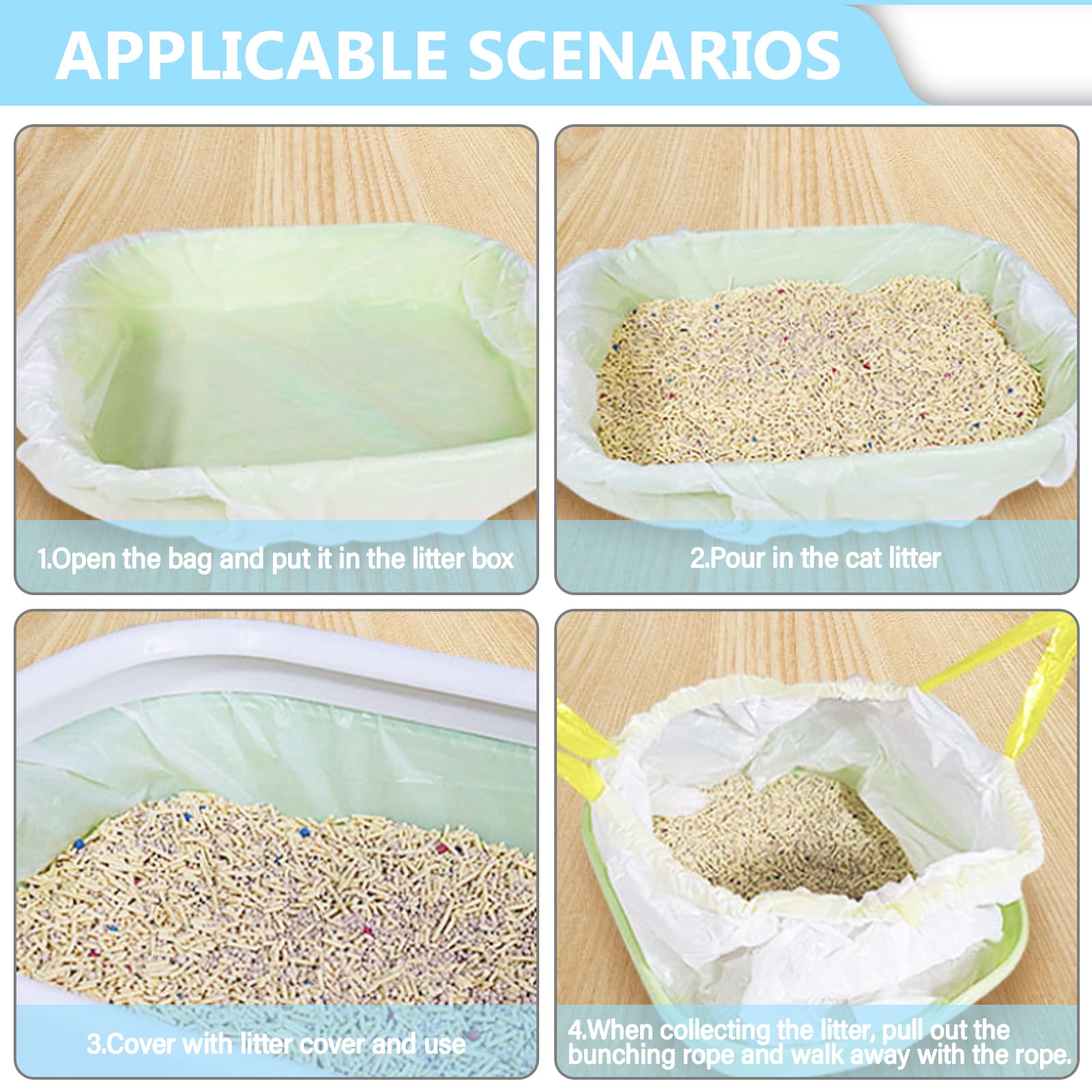 100 sacchetti per lettiera per gatti, 58 x 35 cm, con laccetti, autopulenti, sacchetti per lettiera per gatti, resistenti e antistrappo, a tenuta stagna