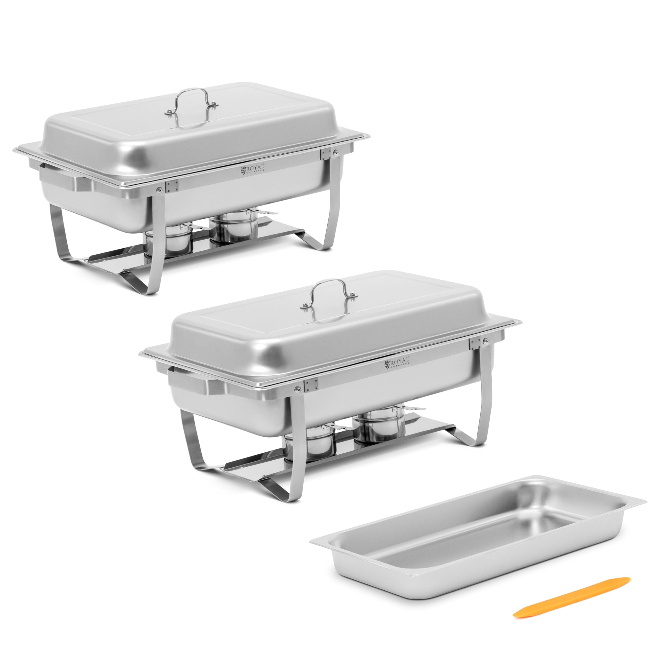 Royal Catering Chafing Dishes 2er-Set jeweils 7,5 l klappbare Gestelle 2 x GN 1/1 4 Brennstoffbehälter polierter Edelstahl Rechaud Wärmebehälter Buffet Speisewärmer