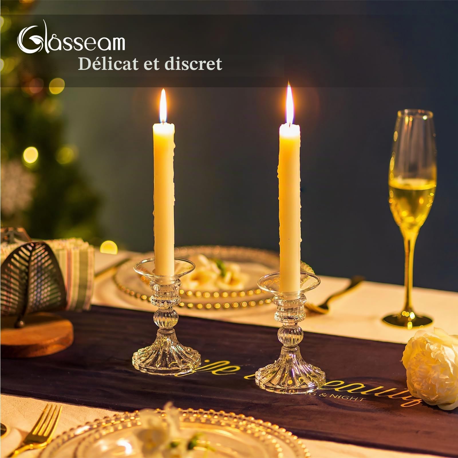 Glasseam Bougeoirs à Anneaux Transparents, Bougeoir à Bougie en Verre Bobeche Set De 24, Protecteur De Bougie Rond pour Bougeoirs De NoëL, Bougeoir à Bougie Bobeches pour Centre De Table De Mariage