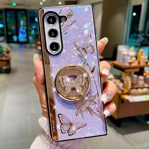 Miniatura 3 de Funda con función atril para Samsung Galaxy Z Fold 5, bonitos diamantes de imitación, mariposa de diamante con soporte de anillo, carcasa de mármol