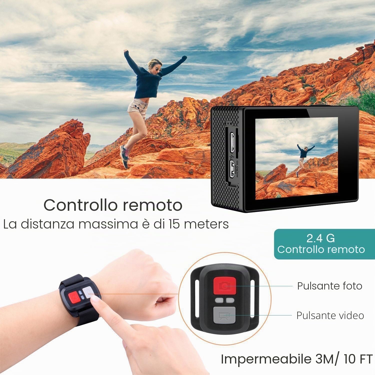 Action Cam 4K, WIFI Sport Action Camera Full HD 16MP/12MP, Fotocamera Subacquea 4k Impermeabile WebCamera 170°Grandangolare 2.0" Schermo LCD con Vari Accessori Kit, Nero