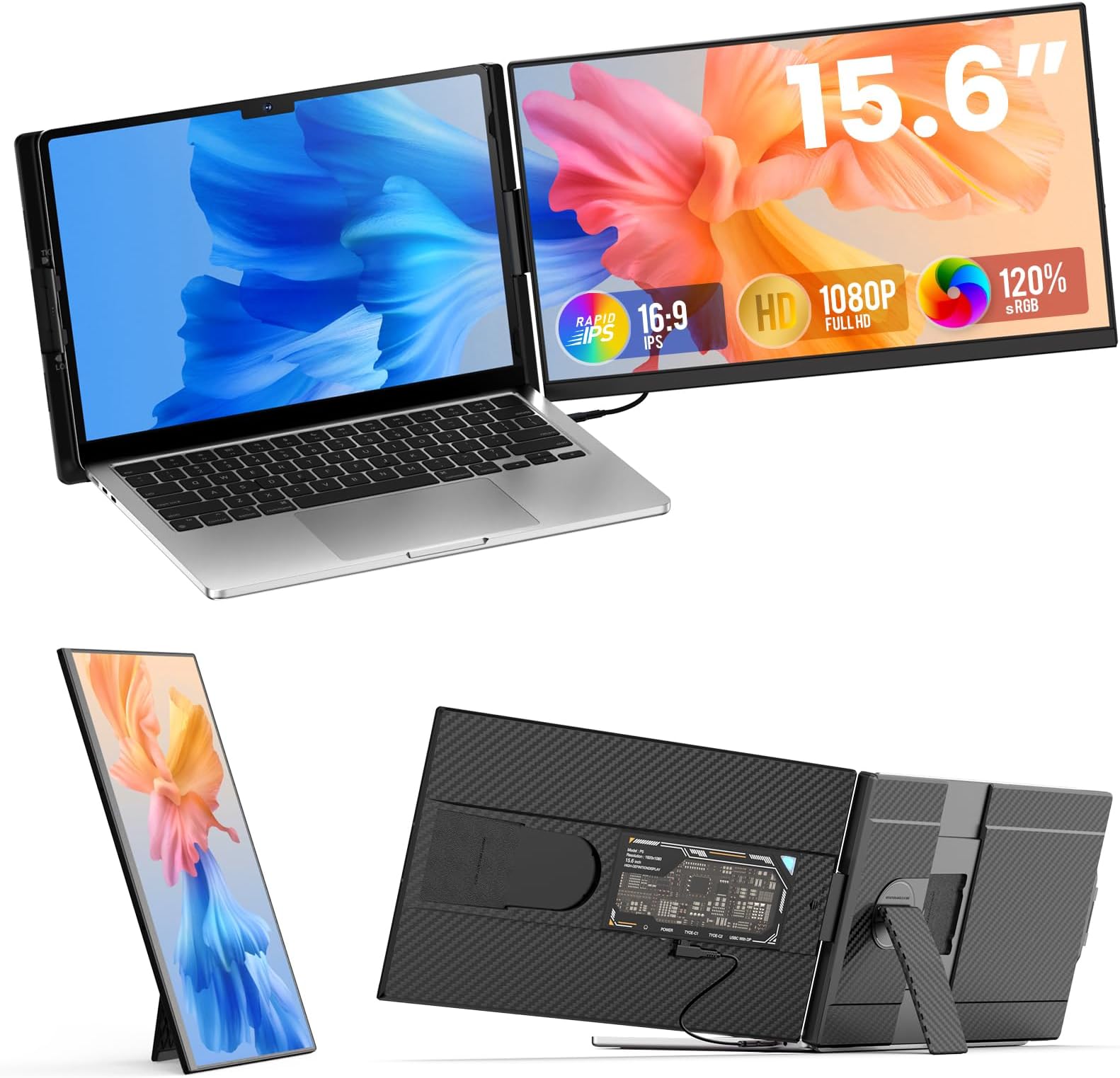 Laptop Screen Extender 15.6 inch, 1080P FHD Detachable Screen, Plug & Play, Screen Extender Portable Laptop for 13"-17.3" Laptops, Compatible with Windows, Mac, Chrome