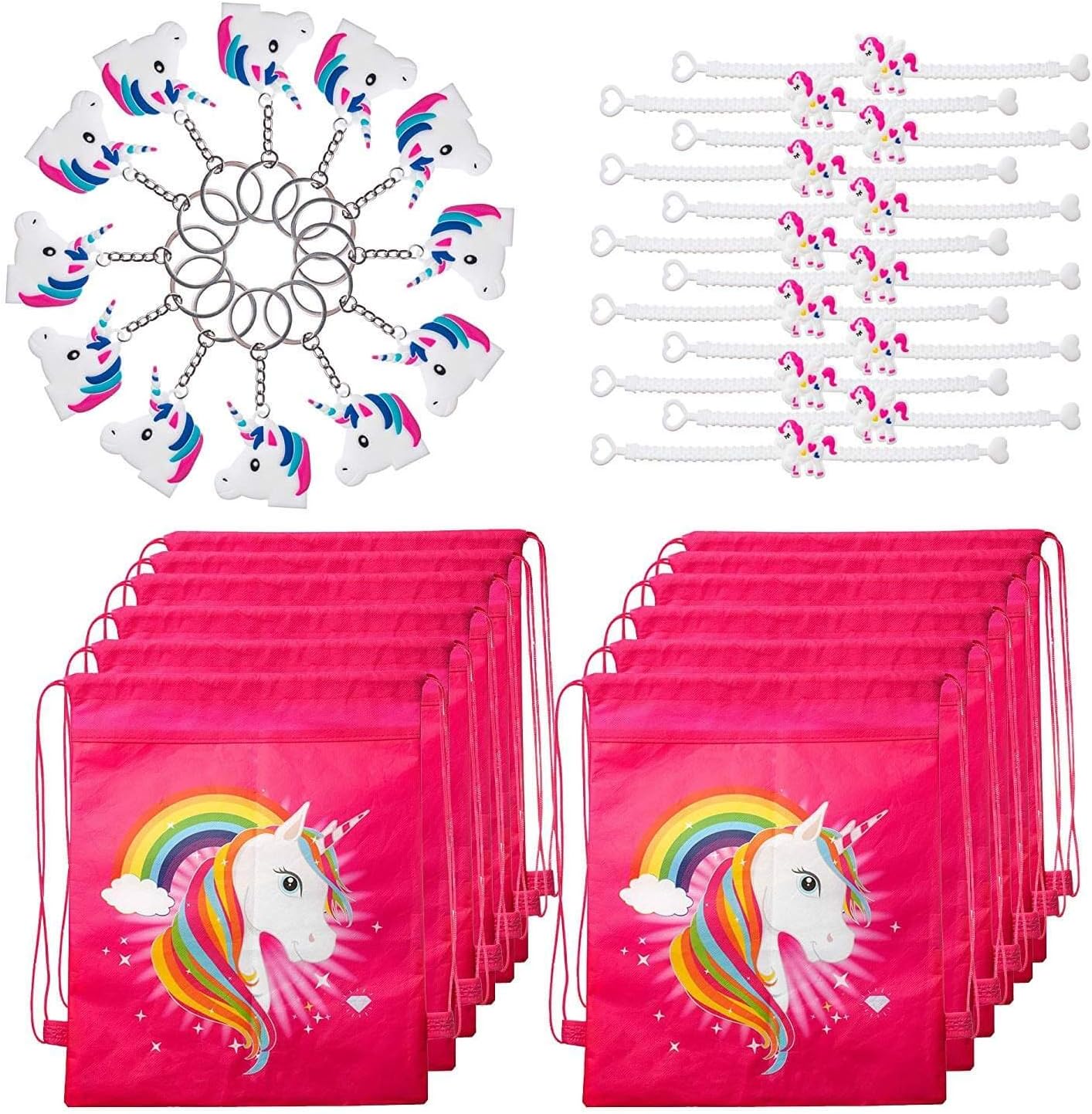 Unicorn Party Favors Pack with Unicorn Goodie Bags, Unicorn Bracelets, and Unicorn Keychains for 12 Kids