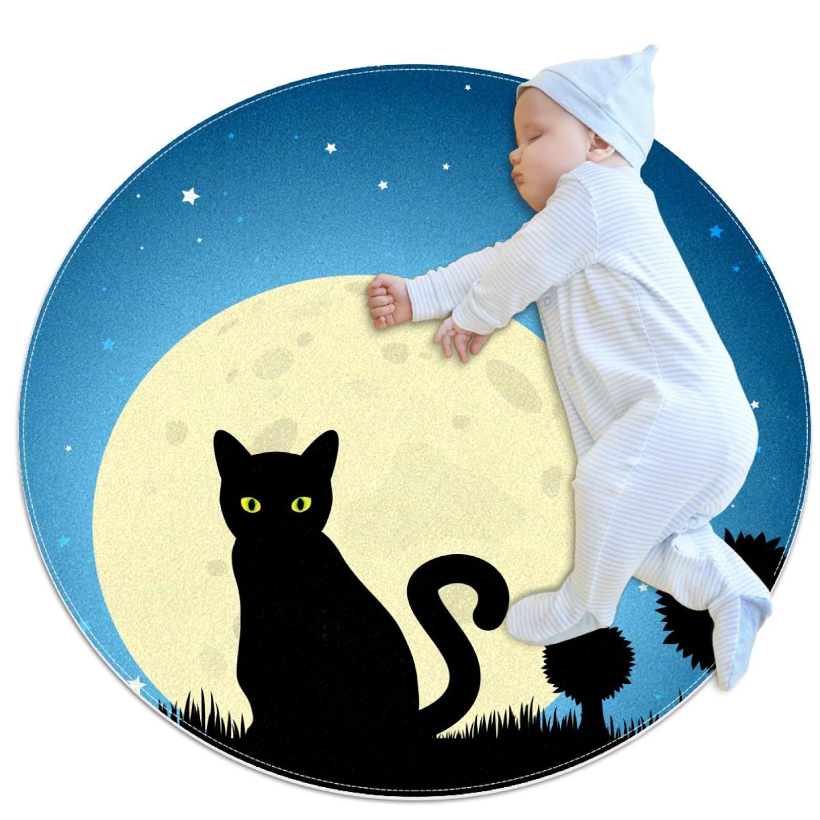 Tapis chat paysage de nuit rond 100cm pour réchauffer un sol froid de chambre