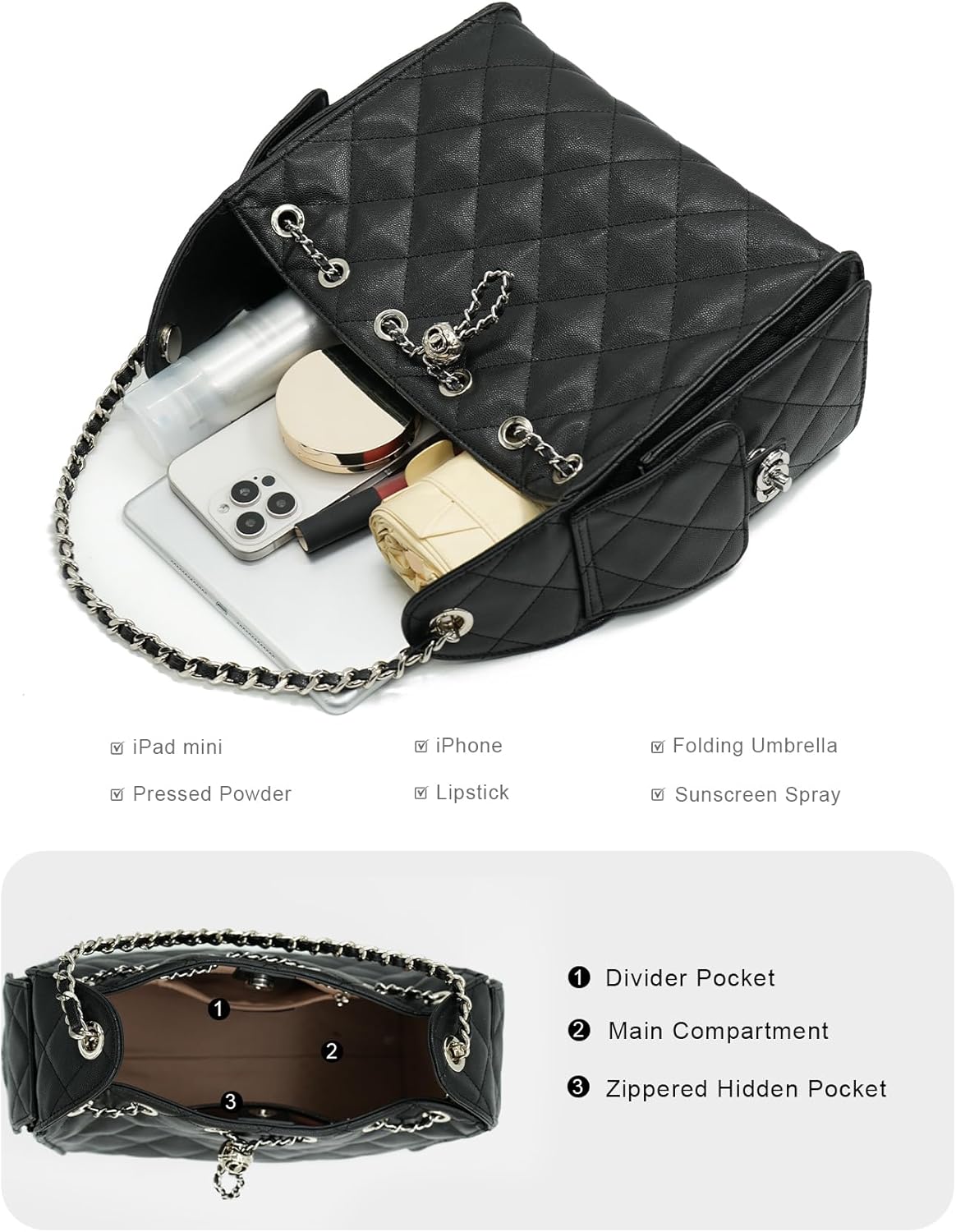 Women’s Quilted Leather Hobo Bag with Chain Strap Drawstring Shoulder Purse Elegant Crossbody Handbag - Image 4