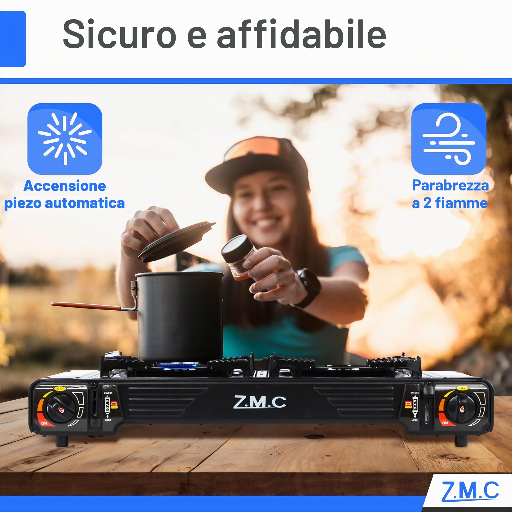 Z.M.C Fornello a Gas da Campeggio con 2 Fuochi e Piastra 45 x 24 cm, 8 Cartucce da 227g, Dispositivo di Sicurezza per Esterni ed Interni