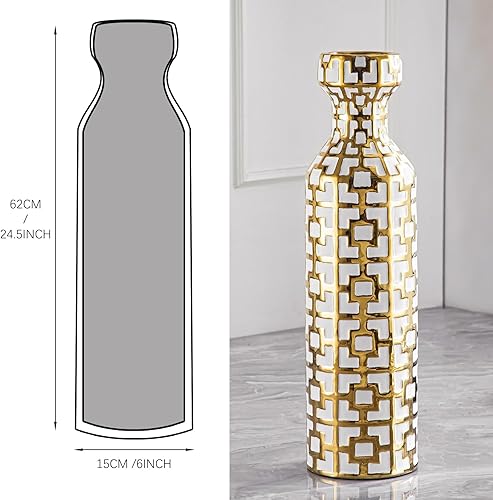 Miniatura 2 de Par de jarrones cilíndricos de cerámica de 24.4 pulgadas de alto con detalles geométricos dorados, florero grande, jarrón decorativo, jarrones