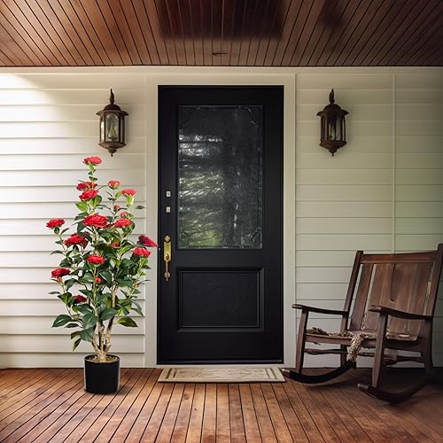 Miniatura 4 de Romantic Season Paquete de 2 árboles artificiales de camelia de 3 pies, planta de camelia sintética roja en maceta, árbol de camelia de plástico