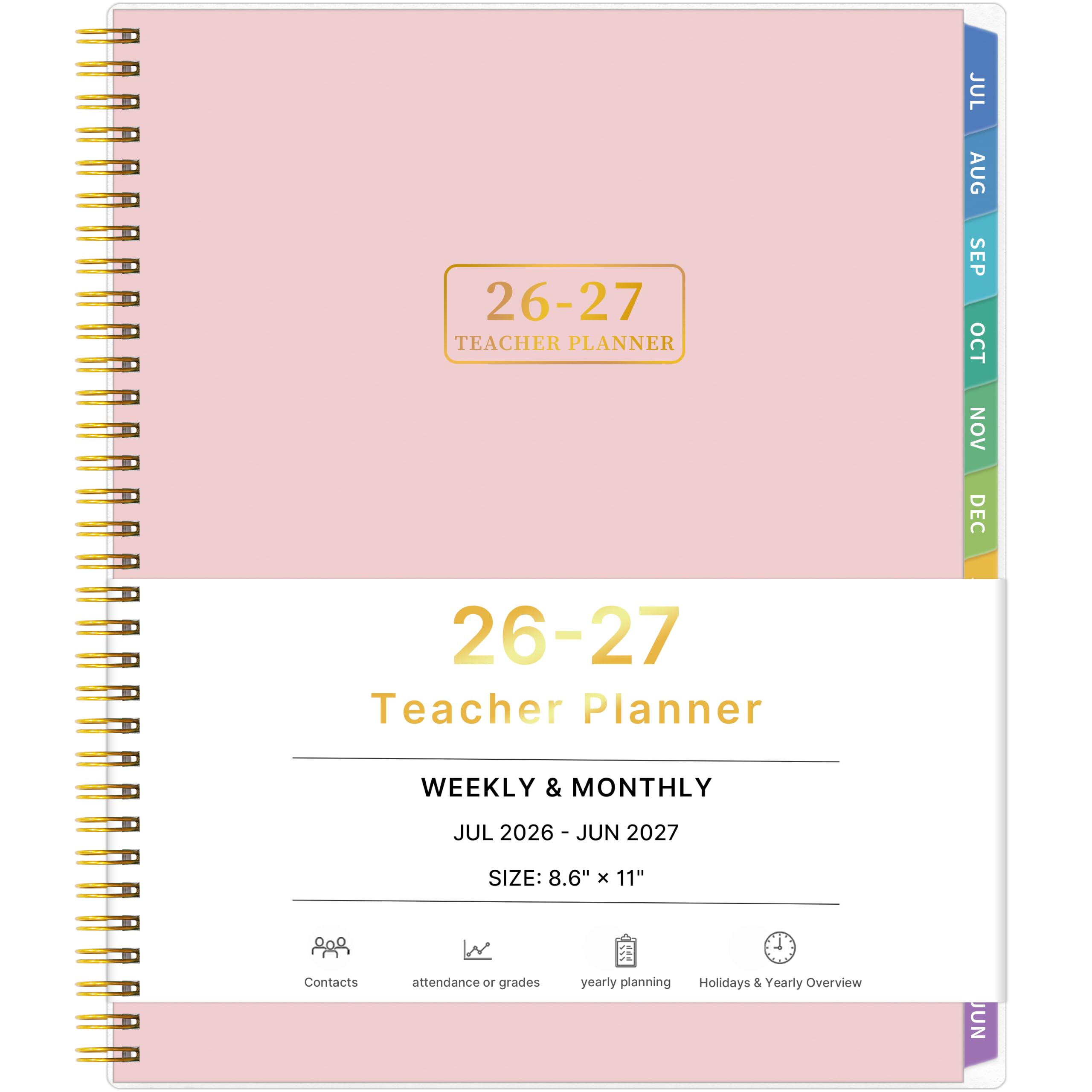 Lehrerplaner 2026–2027, Lehrerplaner für das akademische Jahr, Juli 2026–Juni 2027, Unterrichtsplaner 2026–2027, Homeschool Planbuch, 21,6 x 27,9 cm mit Registerkarten & Tasche, flexibler Einband
