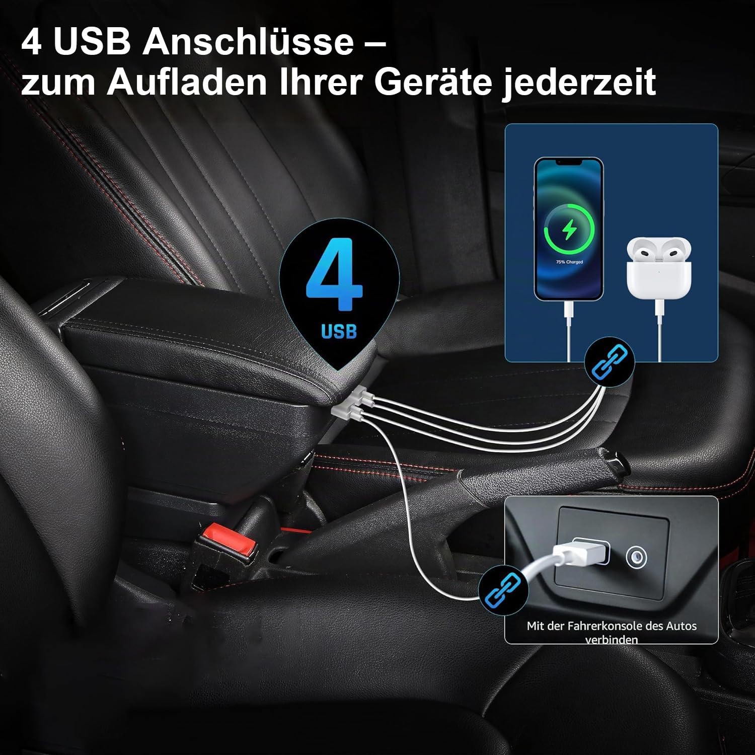 Auto Armlehne für Suzuki Ignis 2016-2024 Doppelschicht Mittelkonsole Große Aufbewahrungsbox mit 4 USB-Ladeanschluss Becherhalter Zubehör Schwarz