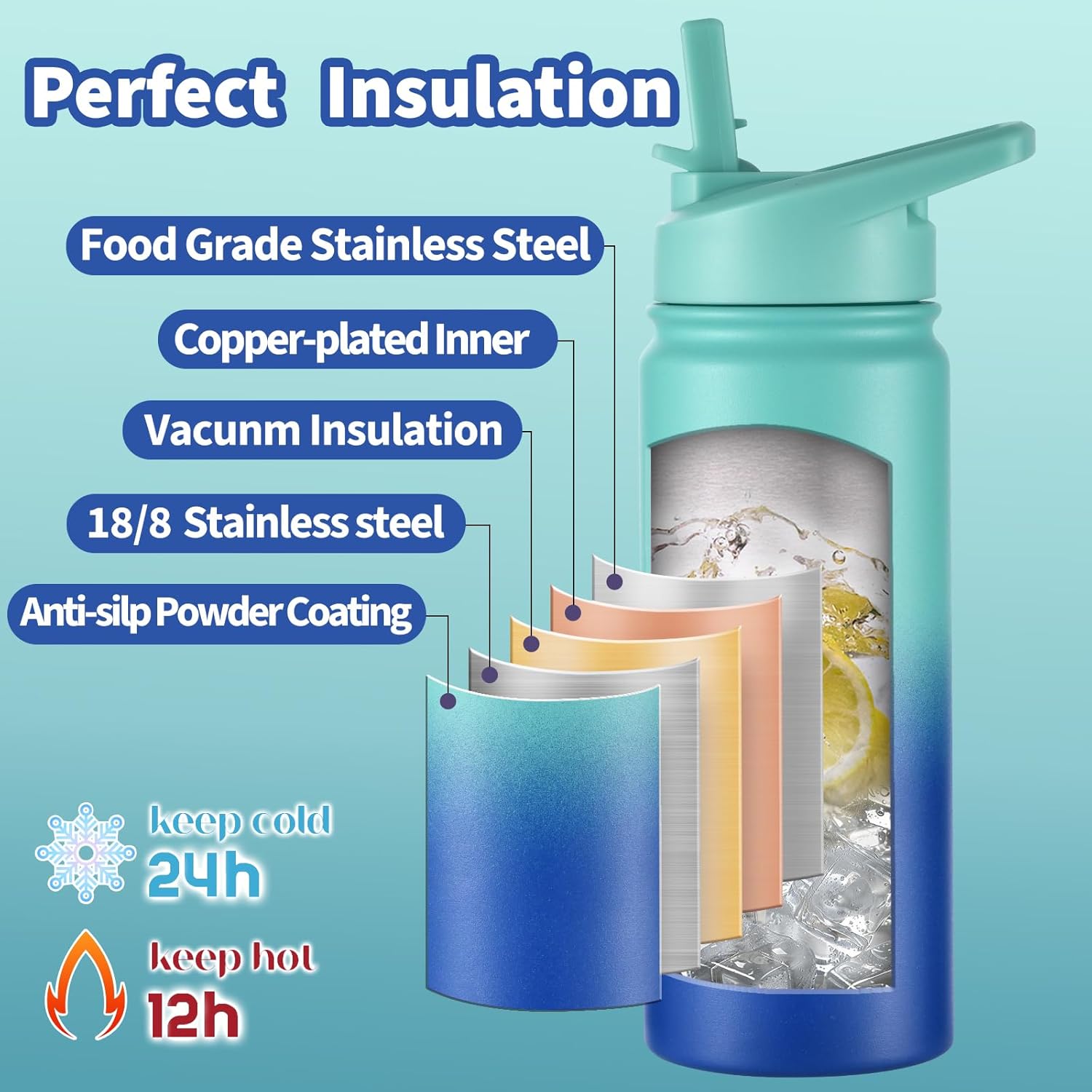 Mininoo Boys Water Bottle for School, 16oz Stainless Steel Insulated Metal Water Bottle with Straw Lid for Girls, Boys (Sky/Blue)