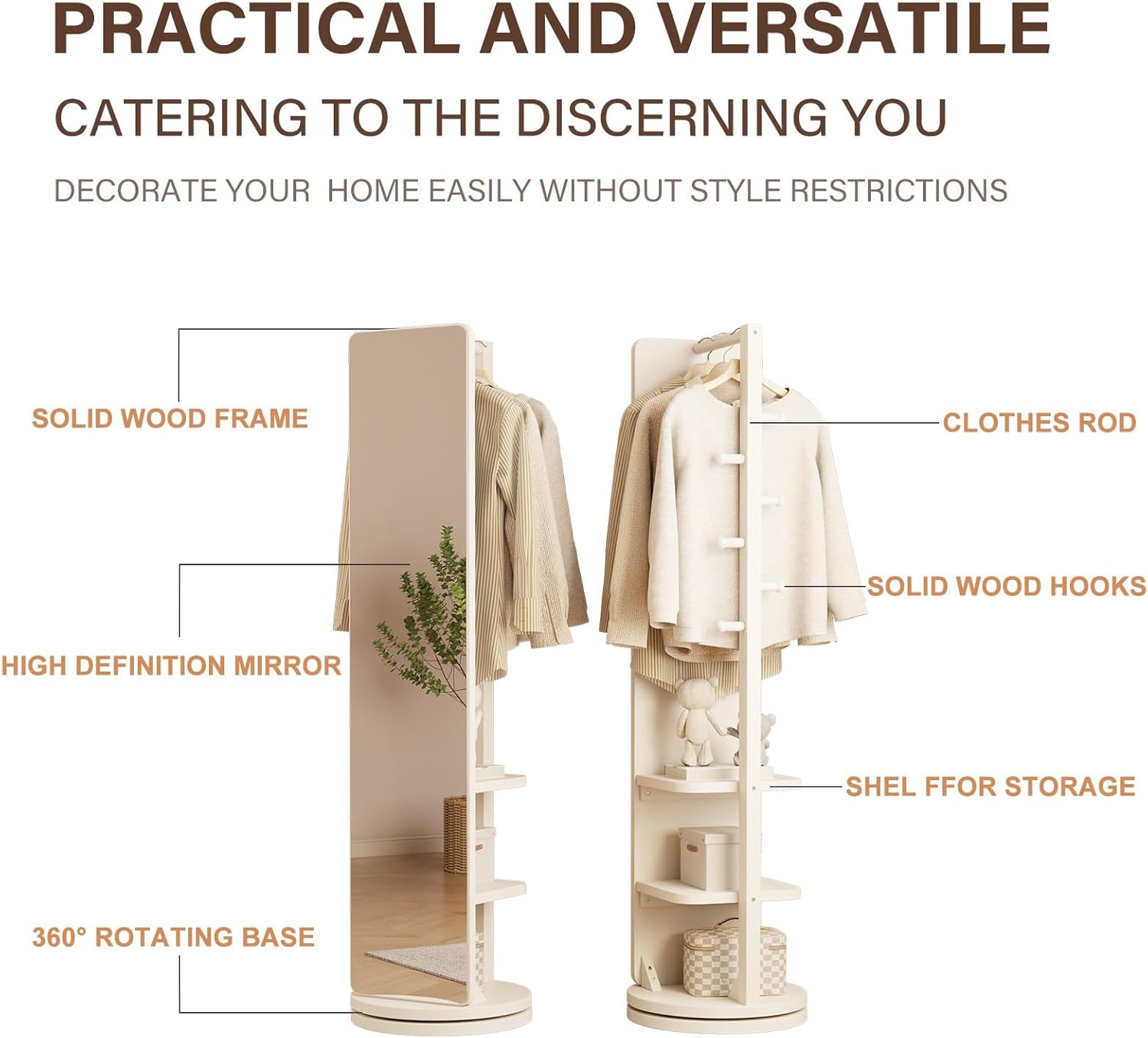 WoodsWhisper Full Length Mirror Coat Rack Solid Wood Floor Mirror 66"x12" Full Length Mirror with Stand Long Mirrors for Bedroom,Living Room (White, 66" Lx12 W)