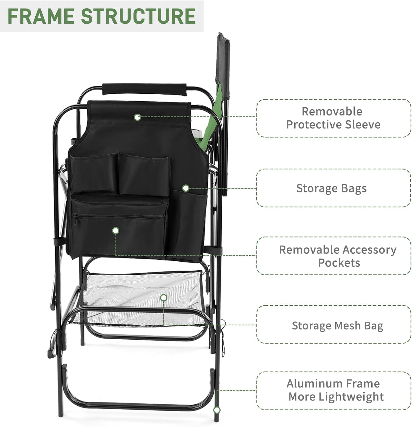 Outvita 31" Tall Directors Chair Height Seat Folding with Side Table Storage Bag, Support for 300Lbs Portable Makeup Artist Chair with Bar Height(Dark Green/Black)