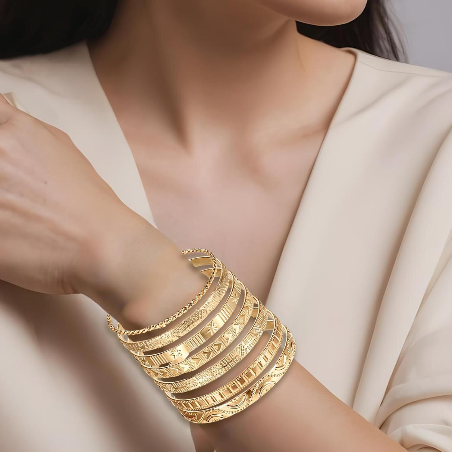 7 Pcs Open Gold Bangles for Women, Adjustable Gold Bracelets, Multi Layer Stackable Cuff Bracelet Set, Stylish Accessories, Indian Open Cuff Bracelet, Jewelry Gifts - Image 2