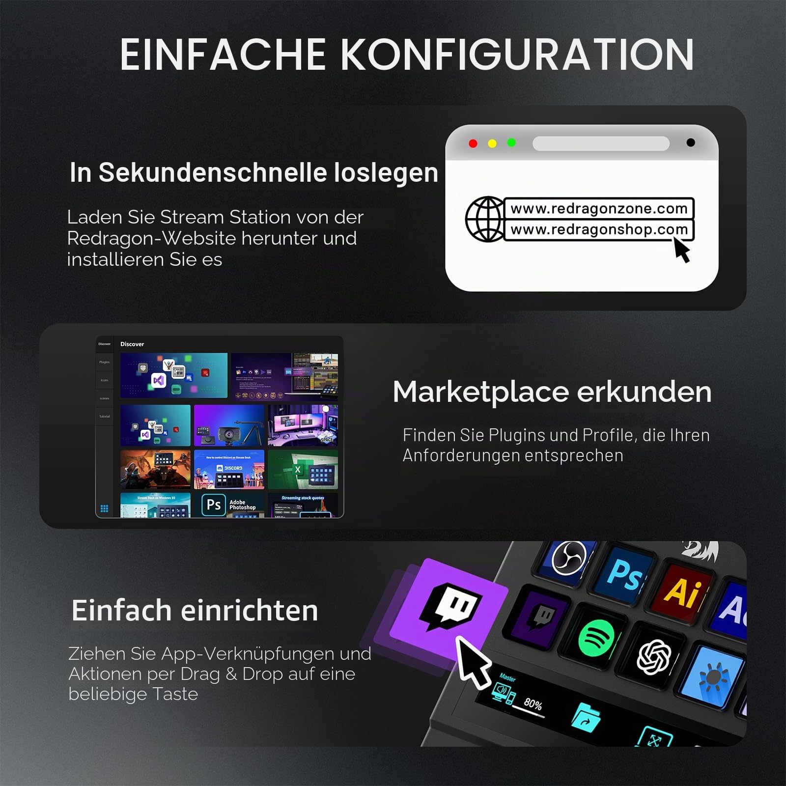 Redragon SS552 Stream Controller Makro Pad Touch Streifen LCD Tasten | Drehregler Stream Station Content Creator Streaming Gaming Kompatibel PC Mac Anpassbar
