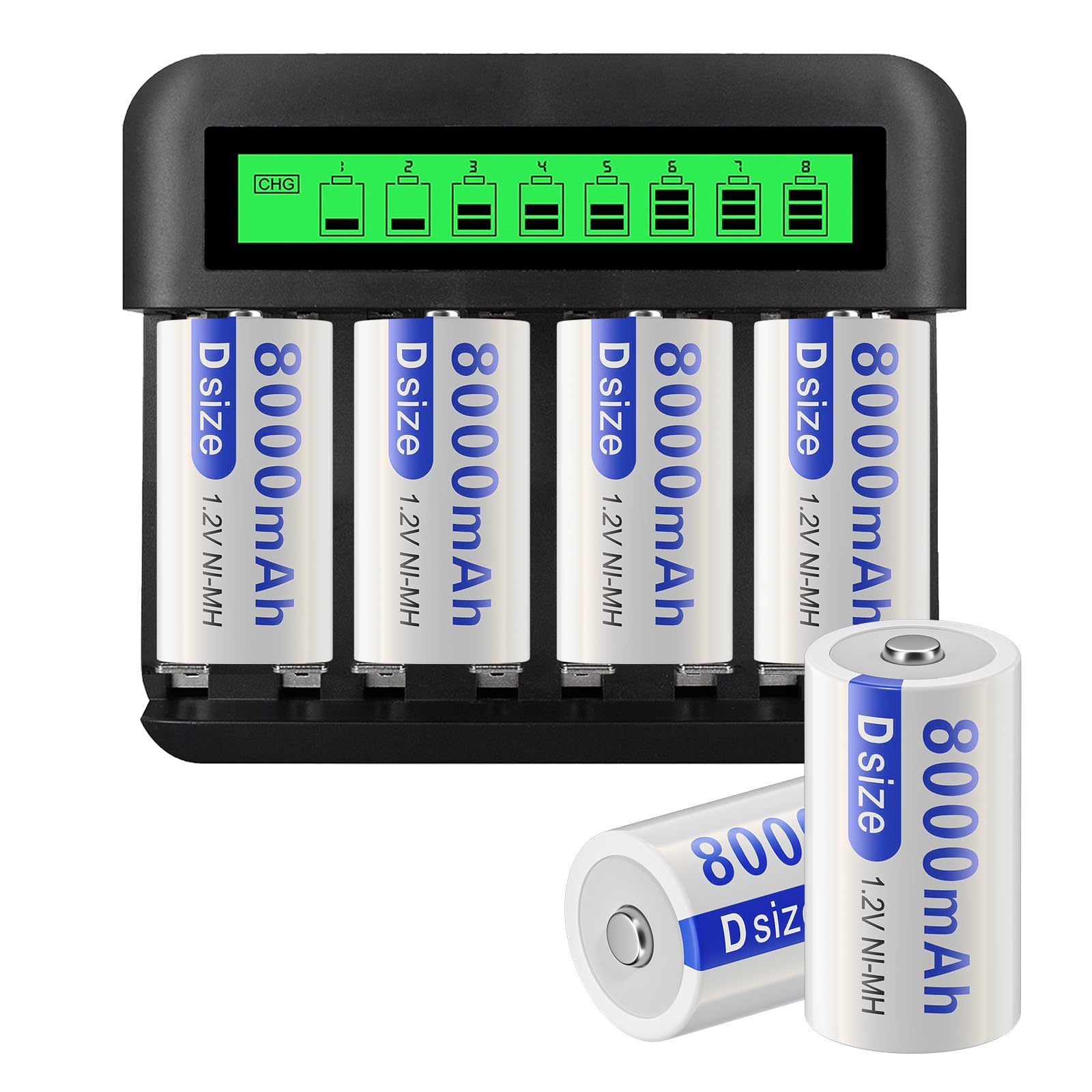 Rechargeable D Batteries with LCD Display Universal Battery Charger for AA/AAA/C/D 1.2V NI-MH NI-CD Rechargeable Battery?6 Pack ?