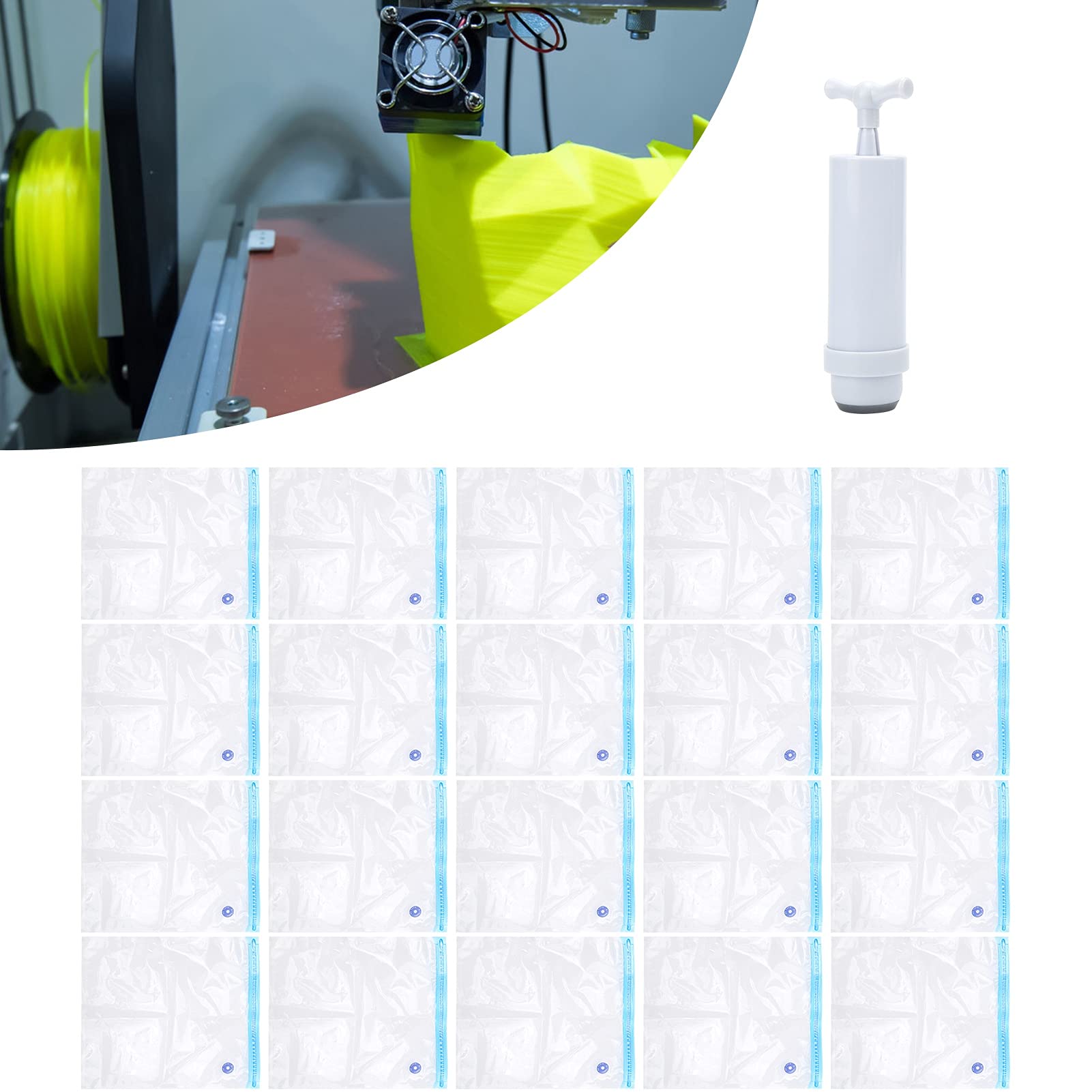 20 Stück Filamenttrockner Vakuumierbeutel, Feuchtigkeitsbeständig Wiederverwendbar Vakuumbeutel für Kleidung PLA 3D-Druckerteile + 1 Stück Luftpumpenextraktor Kit