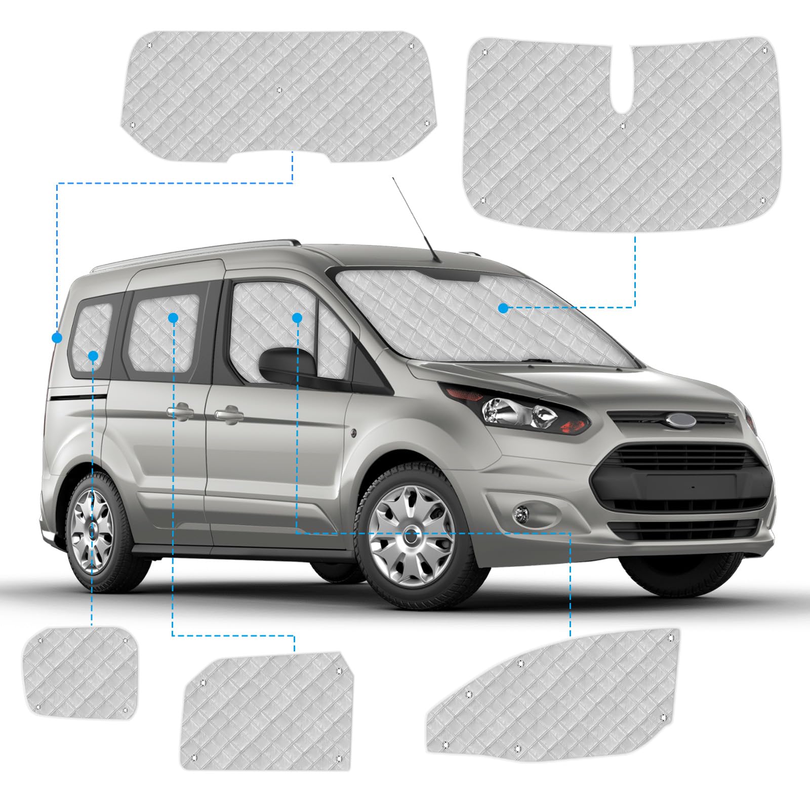 Parabrezza Auto Compatibile con Ford Tourneo Connect (SWB) 2013-2022, 8 Pezzi Tappetino Termico Cabina, Parasole Interna Auto Impermeabile e Pieghevole