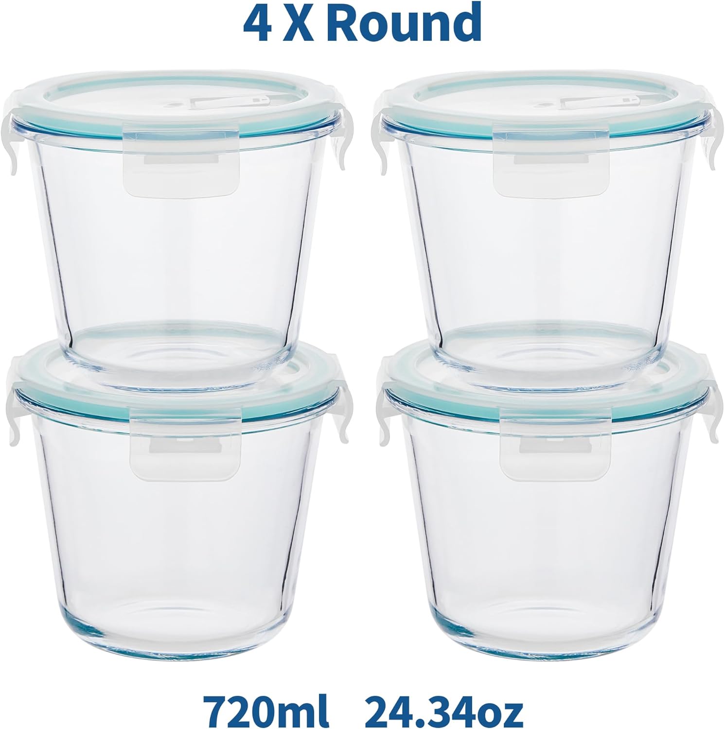 8 pcs glass meal prep containers with lids, airtight 3 cup glass storage containers set, round deep soup containers with lids for leftover, microwave, dishwasher, and freezer safe(4 sets) blue