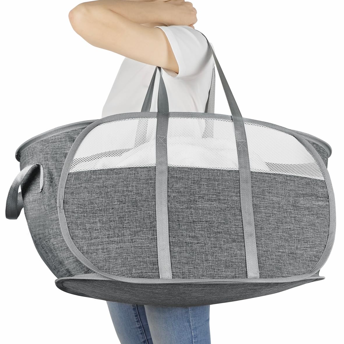 Bosnona Grey 74L Large Collapsible Laundry Baskets Pop Up Laundry Hamper With Reinforced Handles Foldable Laundry Hamper For Home Laundry