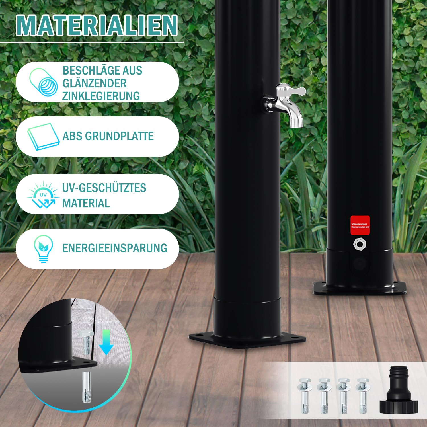Prysznic solarny 20 l, energooszczędny, czarny, z obrotową głowicą deszczownicy i kranem, przyłącze węża ogrodowego bez przyłącza prądu, prysznic basenowy, kemping