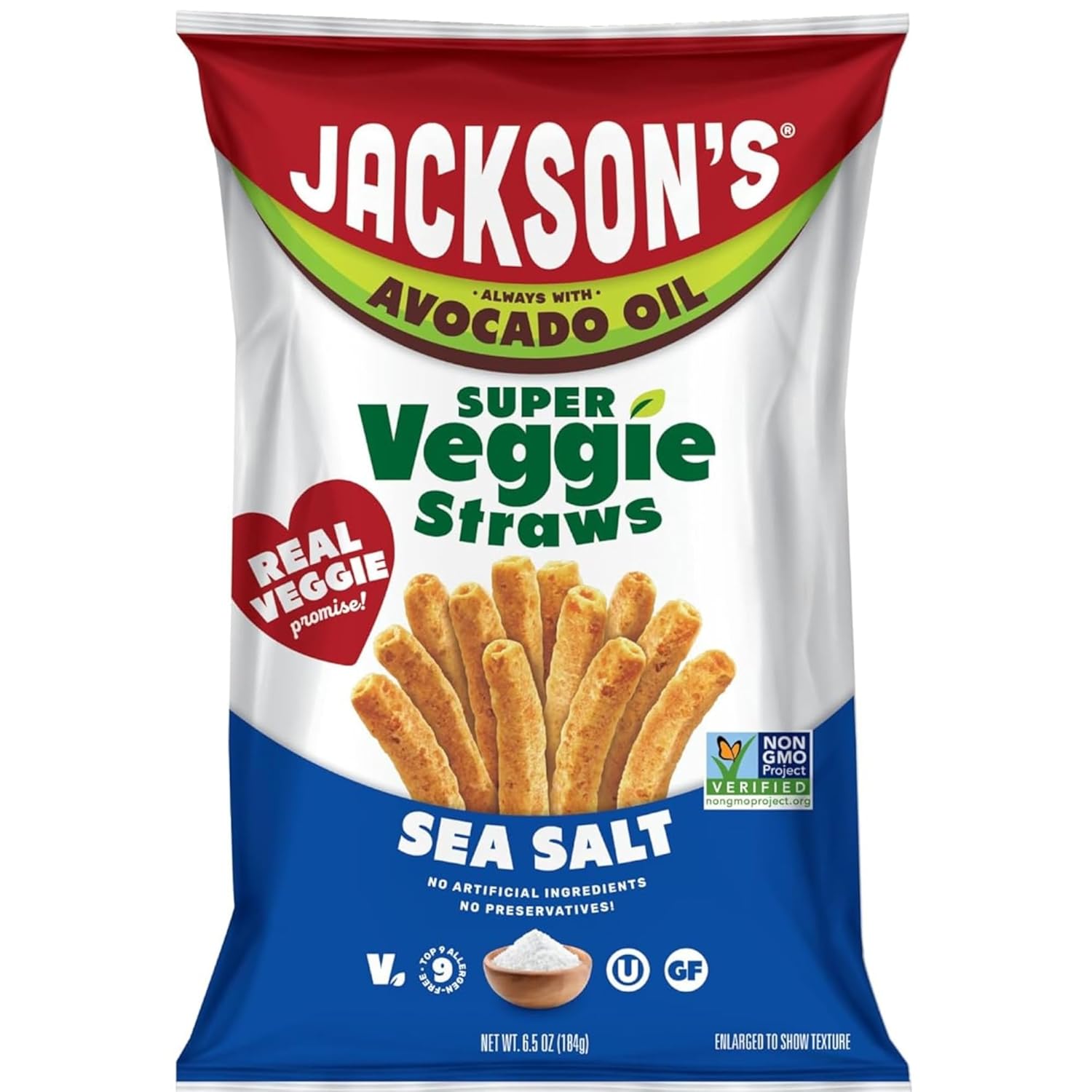 Jackson’s Super Veggie Straws (Sea Salt, 6.5 oz, Pack of 6) – Gluten Free, Vegan, Snacks for Kids & Adults – Made with Premium Avocado Oil – Allergen-friendly, Veggie Straws Individual Bags