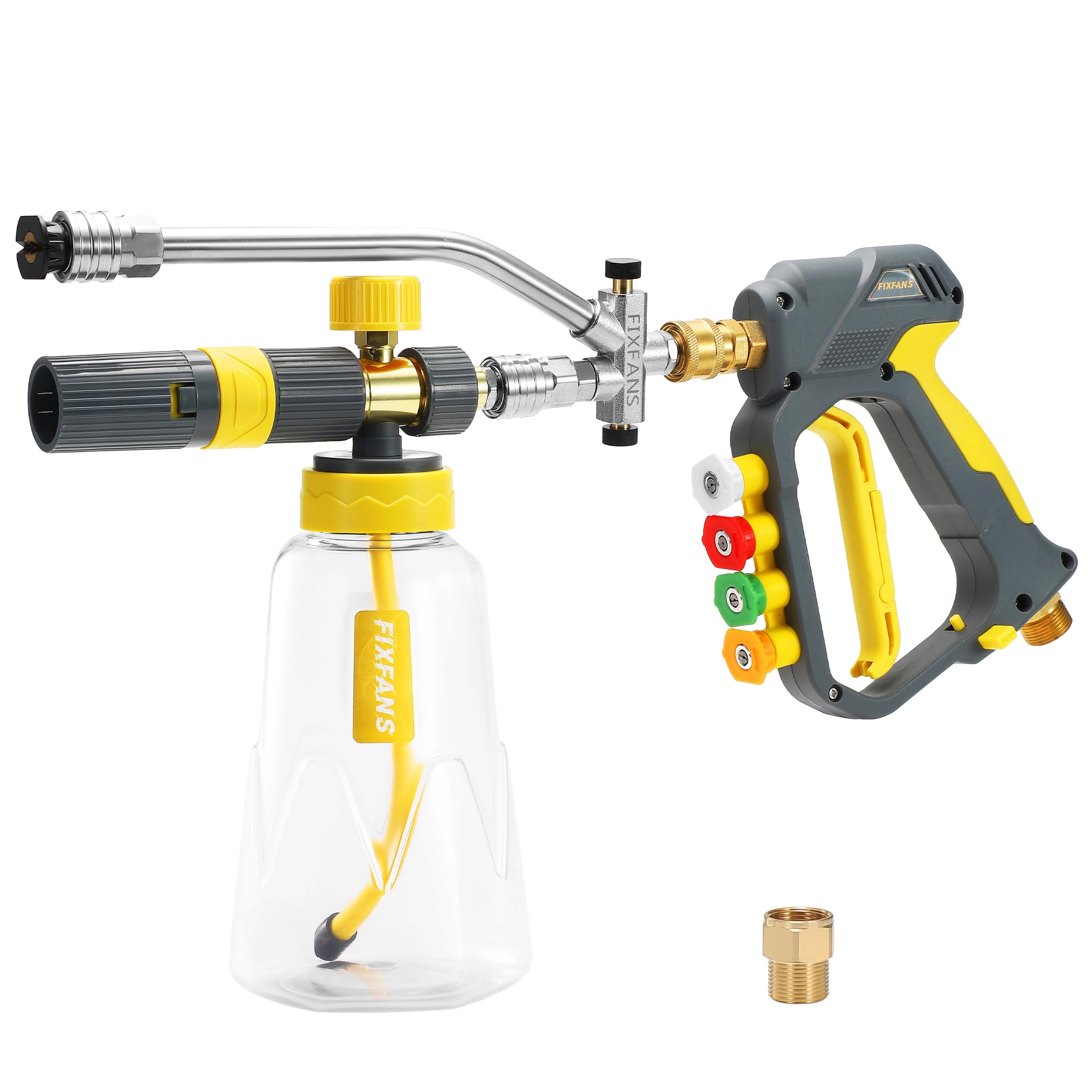 FIXFANS Foam Cannon Gun Dual Connector Accessory for Pressure Washer, Double Tip Attachment Soap Cannon with Power Washer Short Gun, Car Wash Foam Gun Kit, 1/4" Quick Connect, 5 Nozzle Tips-image-25