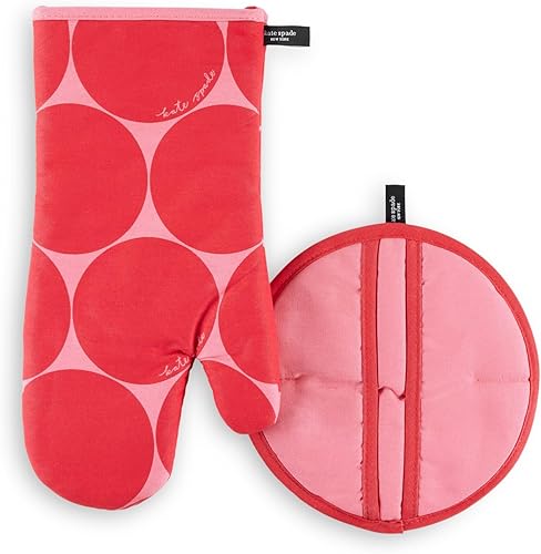Kate Spade New York Joy Dot - Manoplas de horno y agarrador de ollas juego de 2 unidades, 7 x 13 pulgadas, 8 pulgadas, redondo, rojorosa