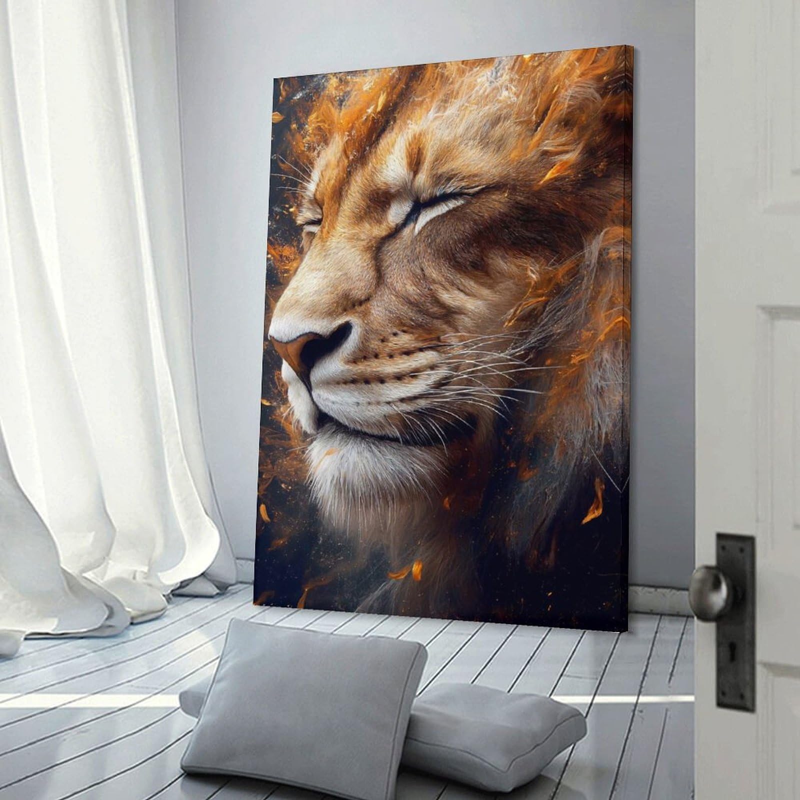 Junmoney Lions Profile in Fiery Hues Home Decor Wall Art 20x30inch(50x75cm), for Gallery Wall Layouts in Home Or Office, A Versatile Canvas Print for Layering
