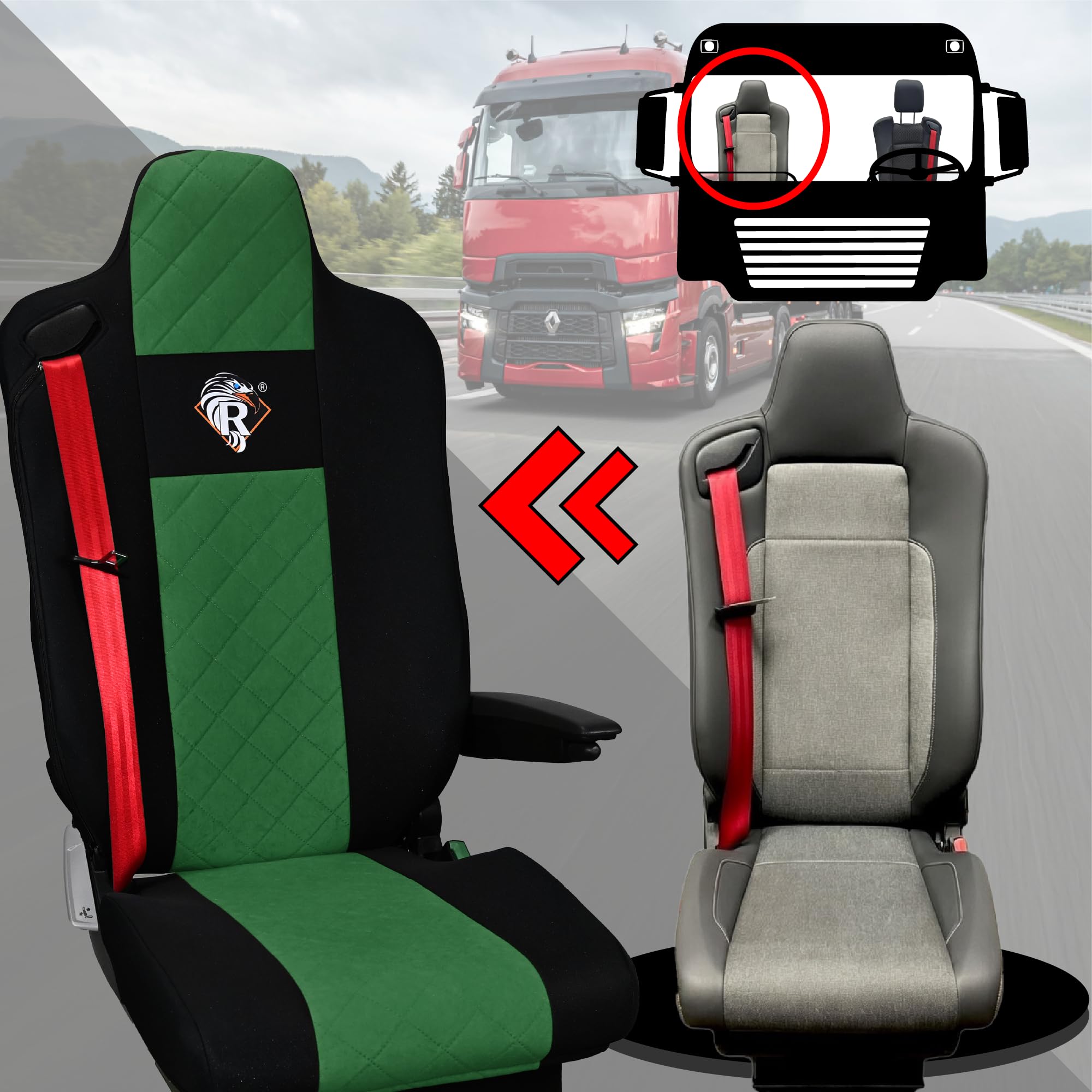 SABA Coprisedile per Gamma Renault T dal 2014, sedile conducente con poggiatesta, sedile passeggero, 2 cinture di sicurezza Verde Accessori di Protezione per Sedili di Camion