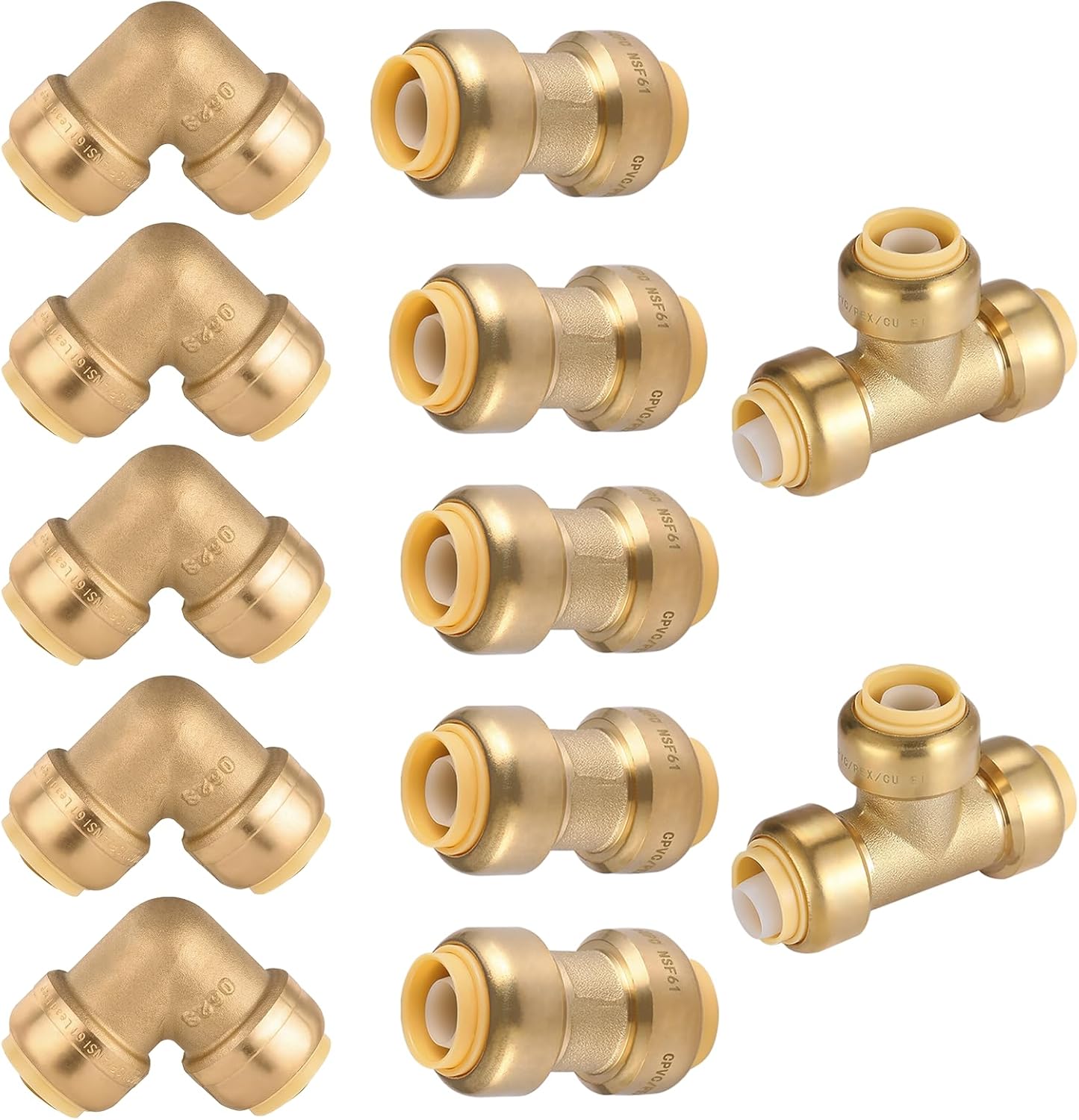 HeSun 12-Pack Pushfit Fittings Combo, 1/2" Push to Connect Plumbing Fittings - Brass, 5 Couplings, 5 Elbows, 2 Tees, Disconnect Clip
