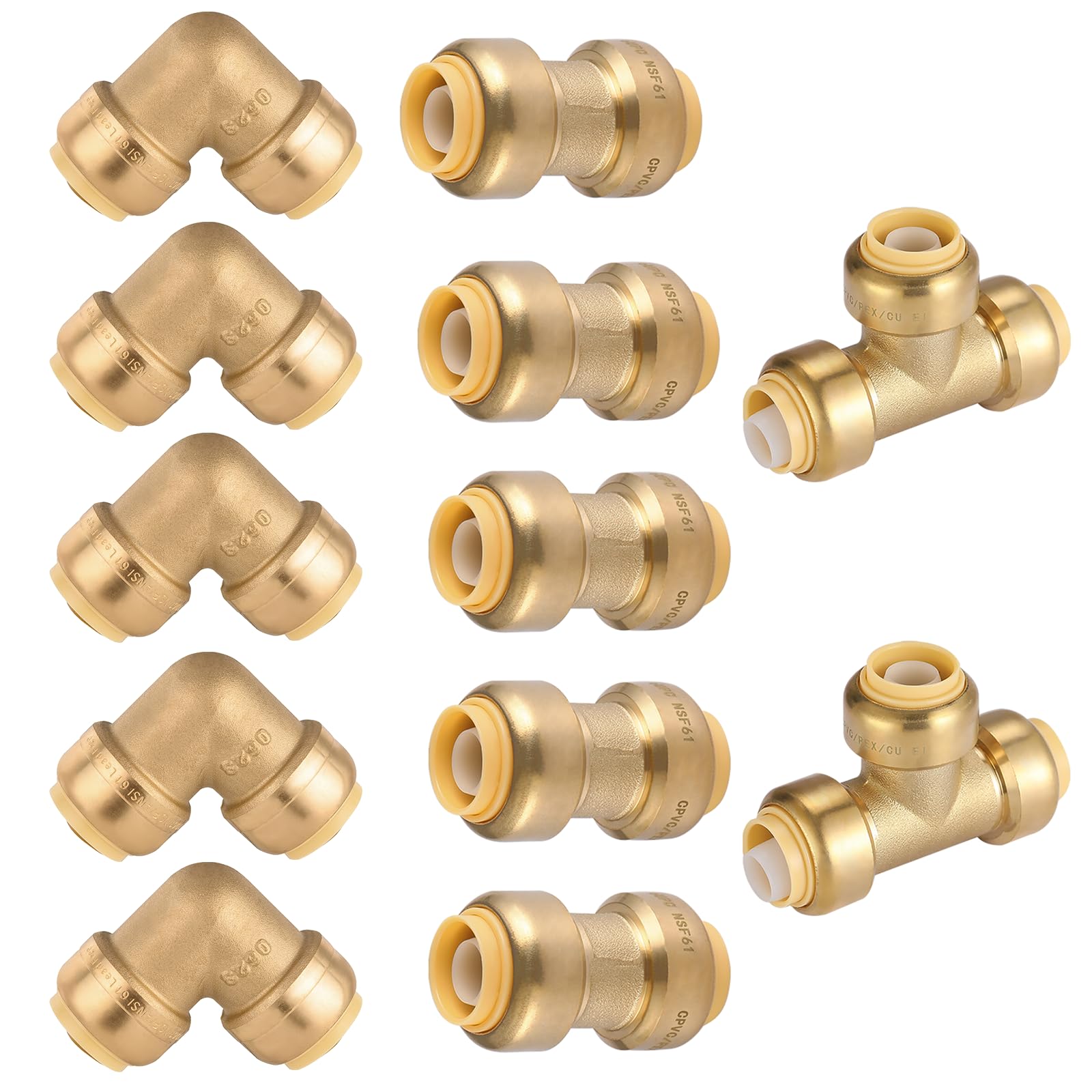 HeSun 12-Pack Pushfit Fittings Combo, 1/2" Push to Connect Plumbing Fittings - Brass, 5 Couplings, 5 Elbows, 2 Tees, Disconnect Clip