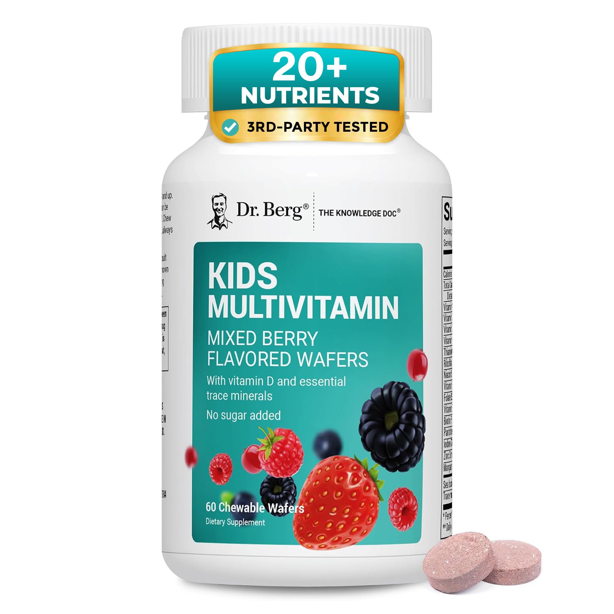 Dr. Berg Kids mastigáveis multivitamínicos (não adoçados w / açúcar) - Multivitamínico diário para crianças que inclui 20 nutrientes & Trace Complexo Mineral - Vitaminas mastigáveis mistas Berry para Kid - Wafers vermelho