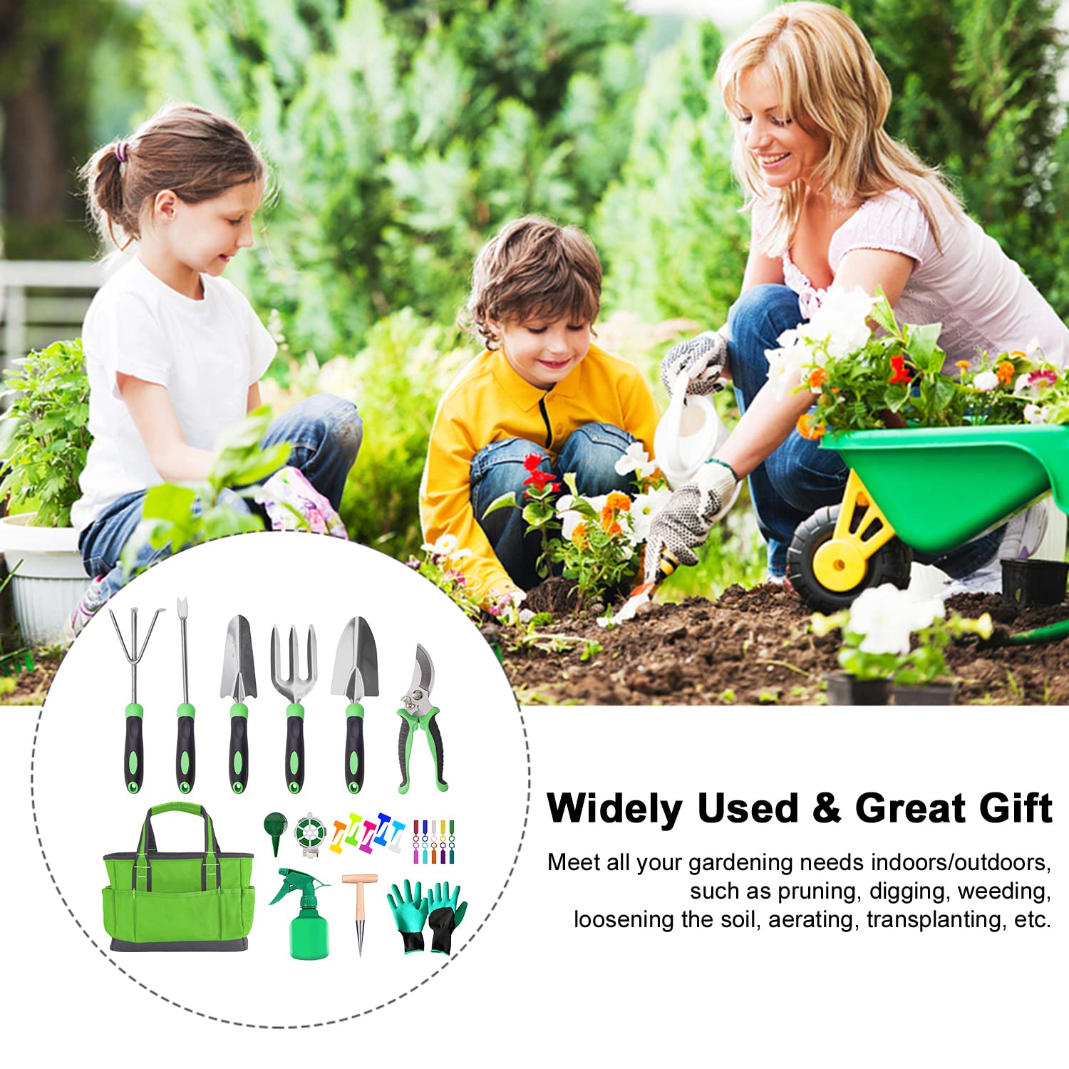 Gardening Tools zestaw 32 narzędzi ogrodowych ze stali nierdzewnej, z ergonomicznymi gumowymi uchwytami i torbą do przechowywania, zestaw upominkowy do pielęgnacji ogrodu, prac ogrodowych