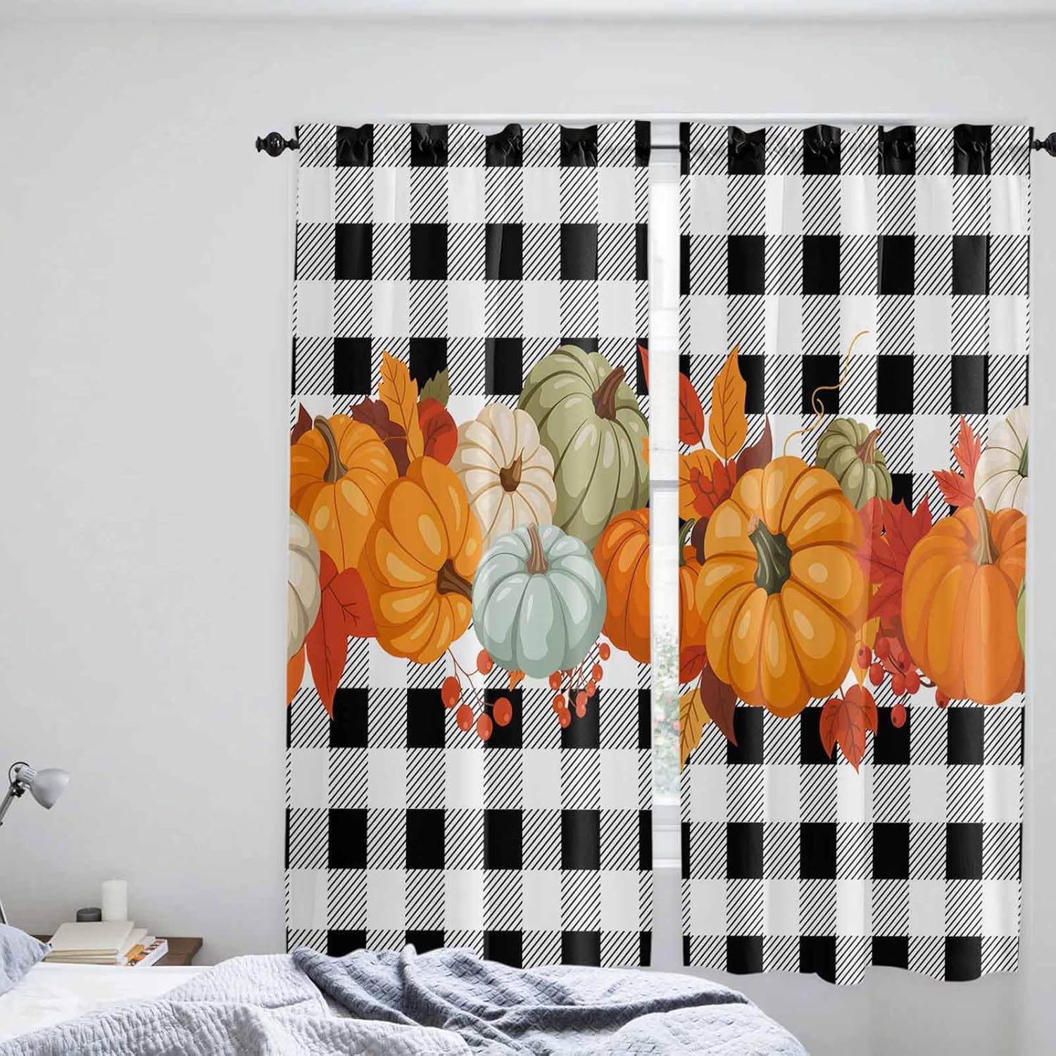 Fall Pumpkins Kitchen Curtains, Thanksgiving Maple Autumn Leaf Farmhouse Plaid Light Filtering Window Curtain, 2Pcs Rod Pocket Window Treatments Set for Living Room Bathroom Bedroom 52x72 Inches