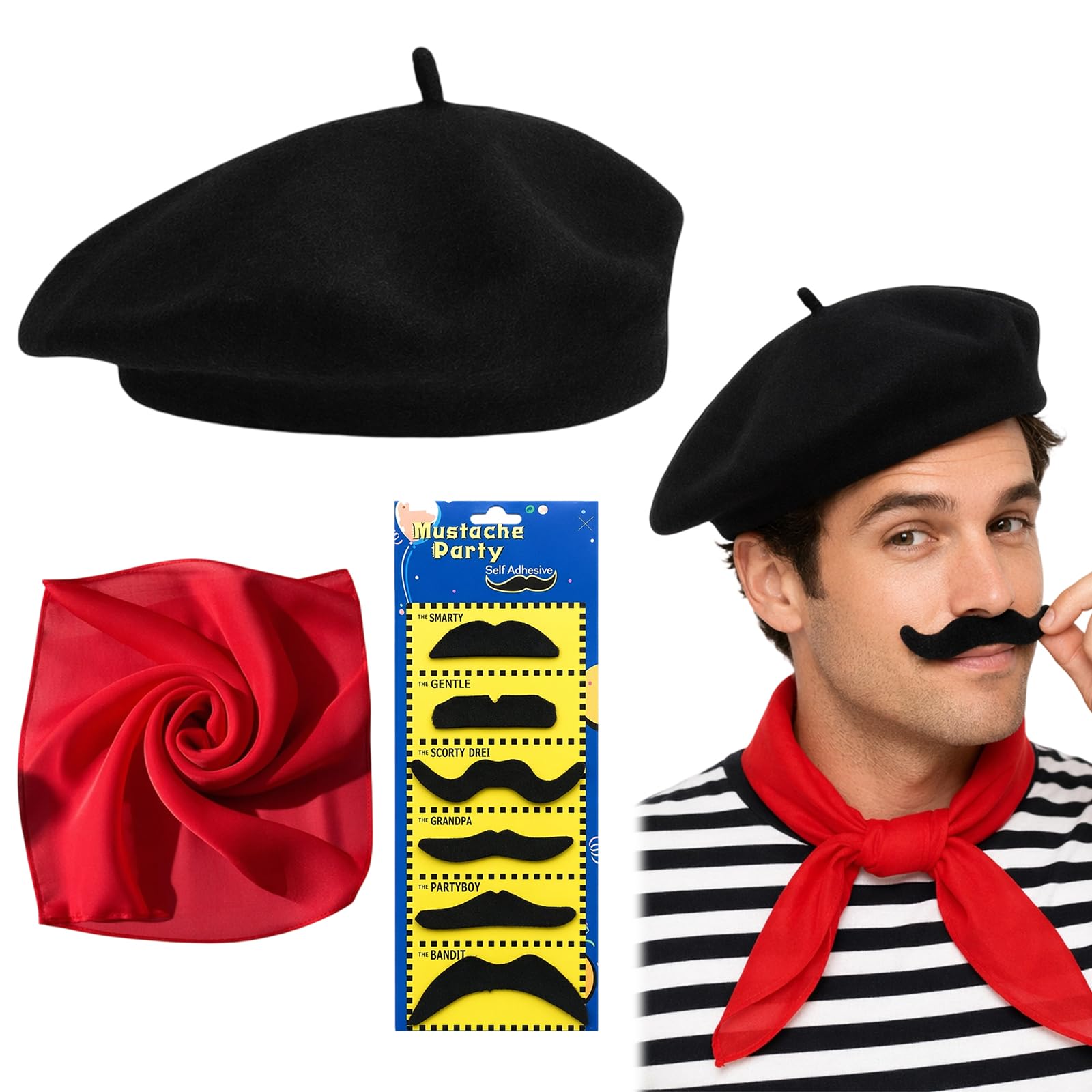 French Costume Set with Black French Beret, Red Scarf and Six Moustaches