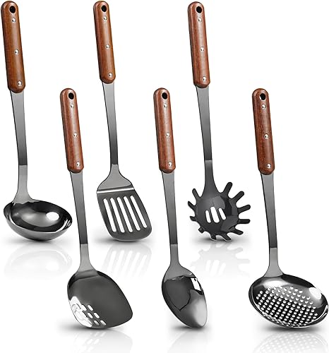 Juego de utensilios de cocina de acero inoxidable pulido con espejo, juego de 6 utensilios de cocina con mango de madera, juego de herramientas de