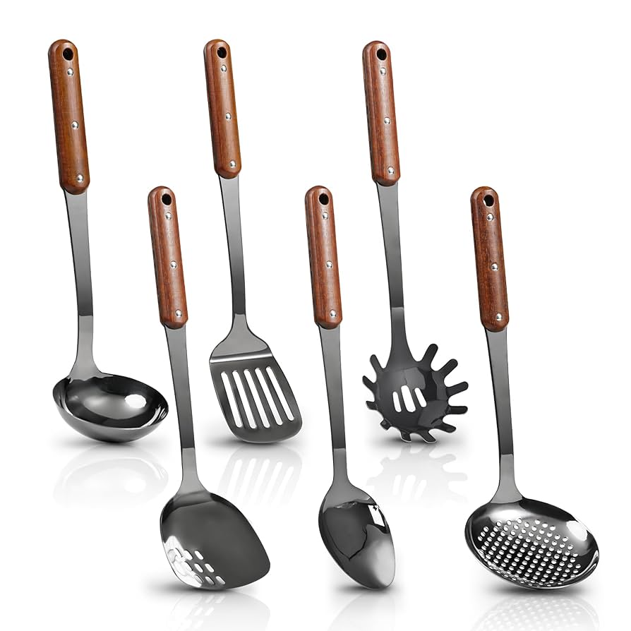 Stainless Steel Mirror Polished Kitchen Utensils Set - 6pcs Cooking Utensils Set with Wooden Handle, Heat Resistant Kitchen Tool Set for Cooking with Turners,Spatula,Ladle,Skimmer,Solid Spoon,Pasta