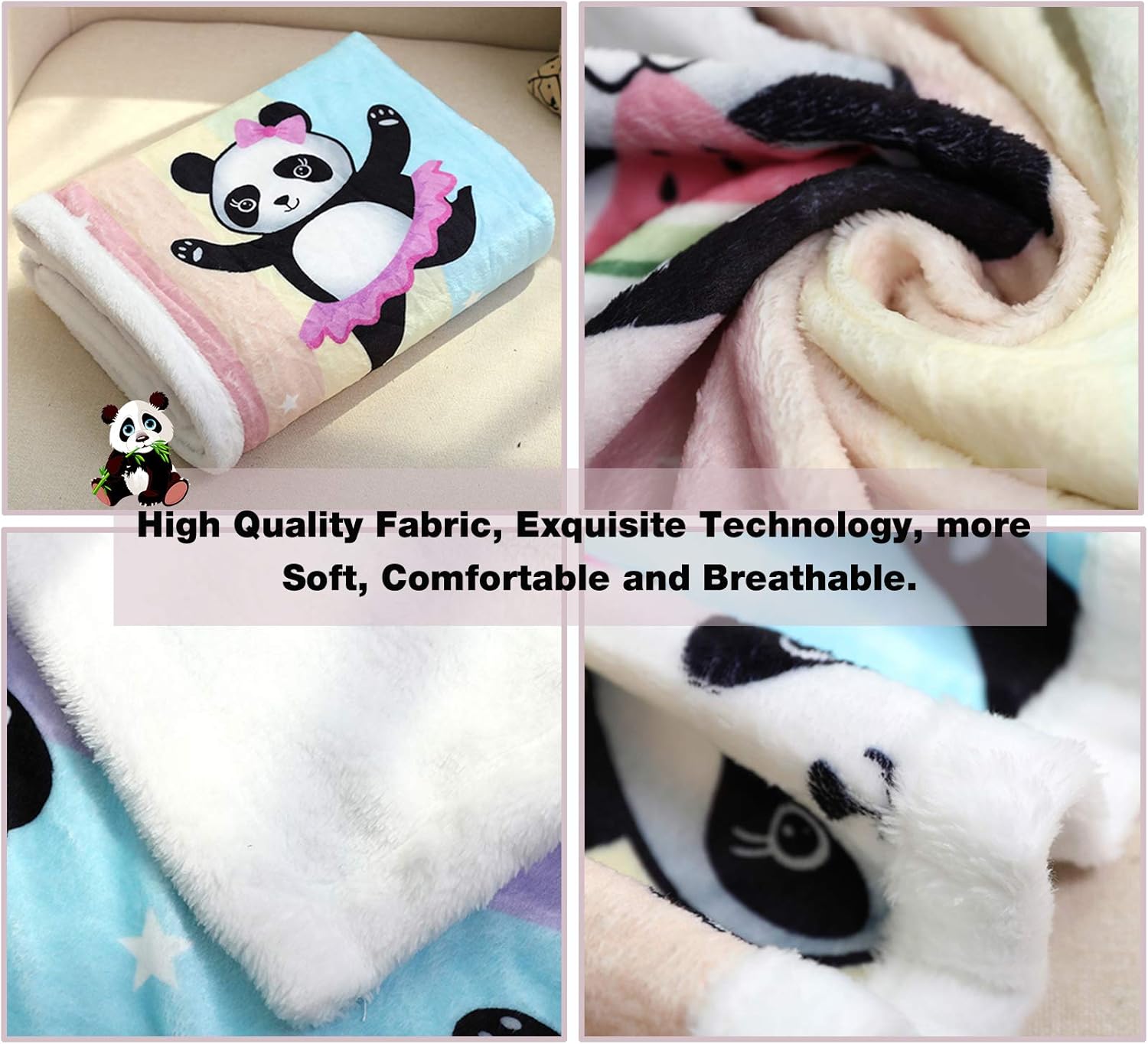 Panda Pattern Flannel Blanket - Super Soft Rainbow Cozy Throw for Girls Kids Teens, Lightweight, Cute Bedding for Home Bedroom Sofa Couch Gift for Pandas Lover (Food Panda, 50x60 Inches) - Image 4
