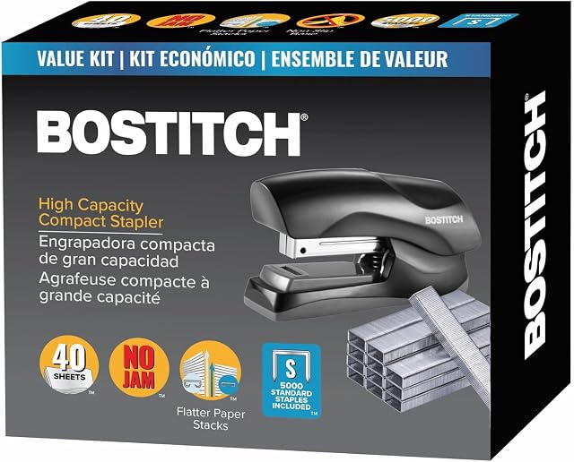 Bostitch Stapler avec ensemble de packs de valeur d'agrafes, accumulateur de poids lourd, noir, 40 Capacité de la feuille avec 5000 Agrafes, petite taille d'agrafe, convient à la paume de votre main (B175-BLK -VP)