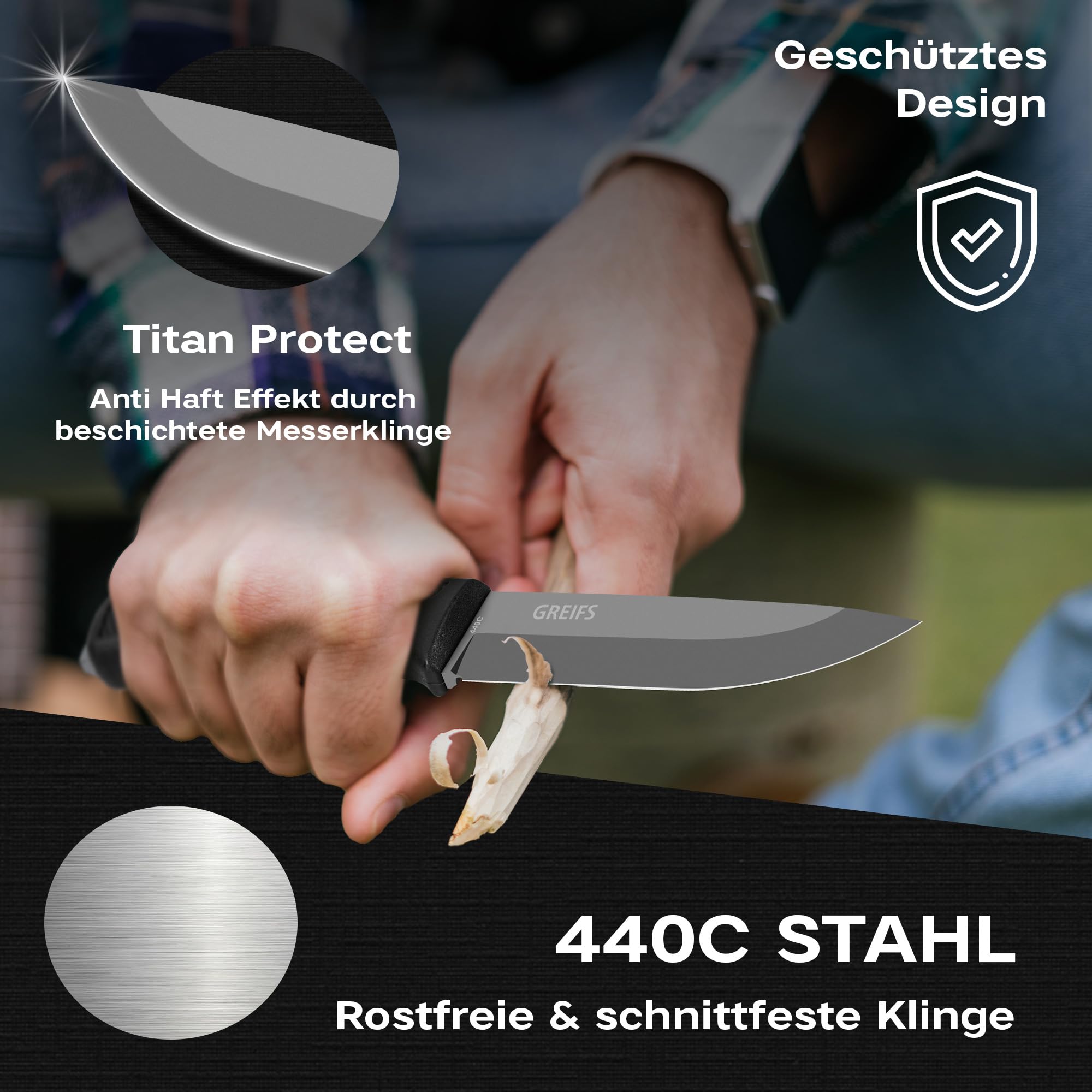 GREIFS® Outdoor-Messer G-Serie aus 440C Stahl mit Holster & Dangler, edles Survival Messer für die Bushcraft Ausrüstung, Jagdmesser, Schnitzmesser, Fahrtenmesser (G5/Schwarz)
